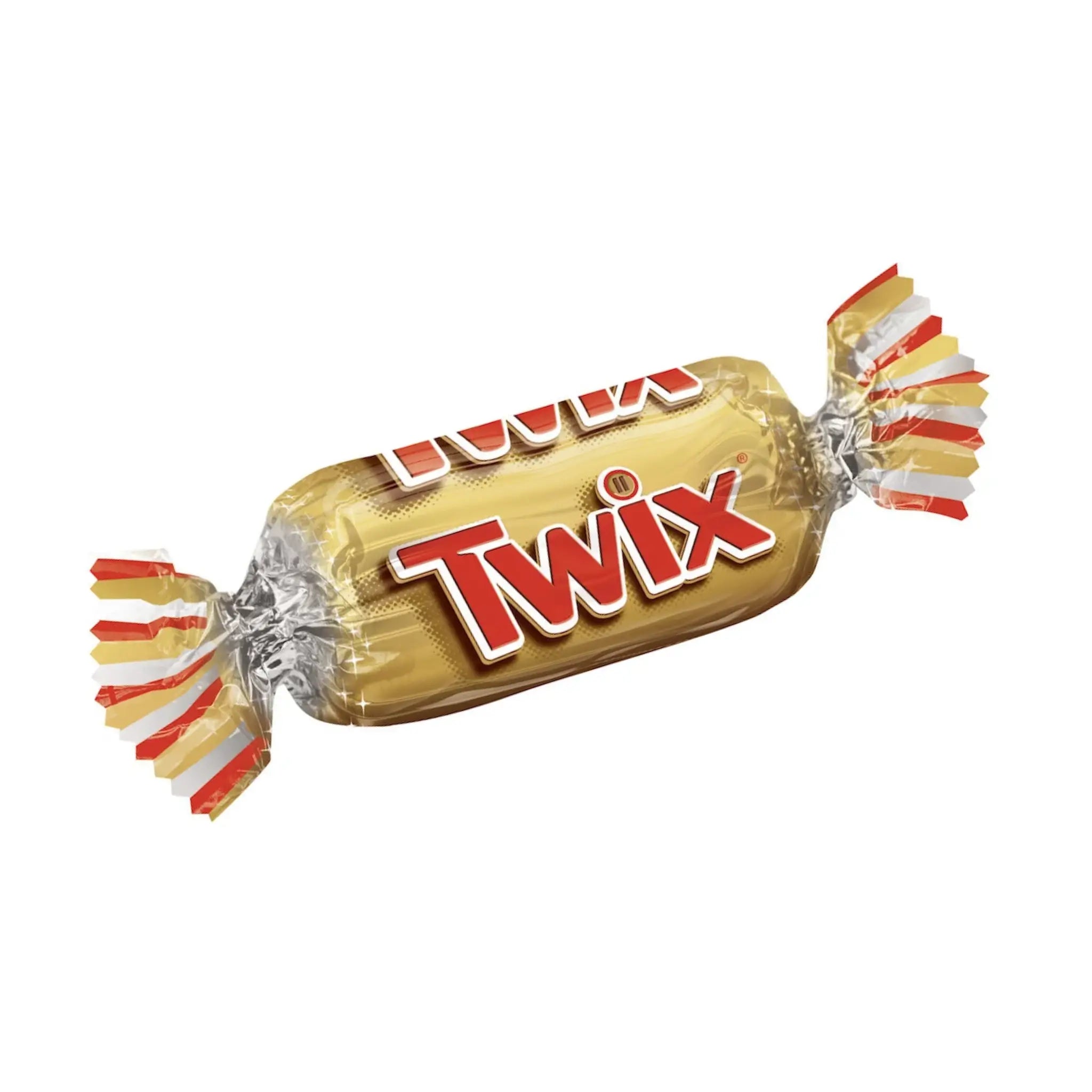 A piece of Twix wrapped in gold, with red and white details.