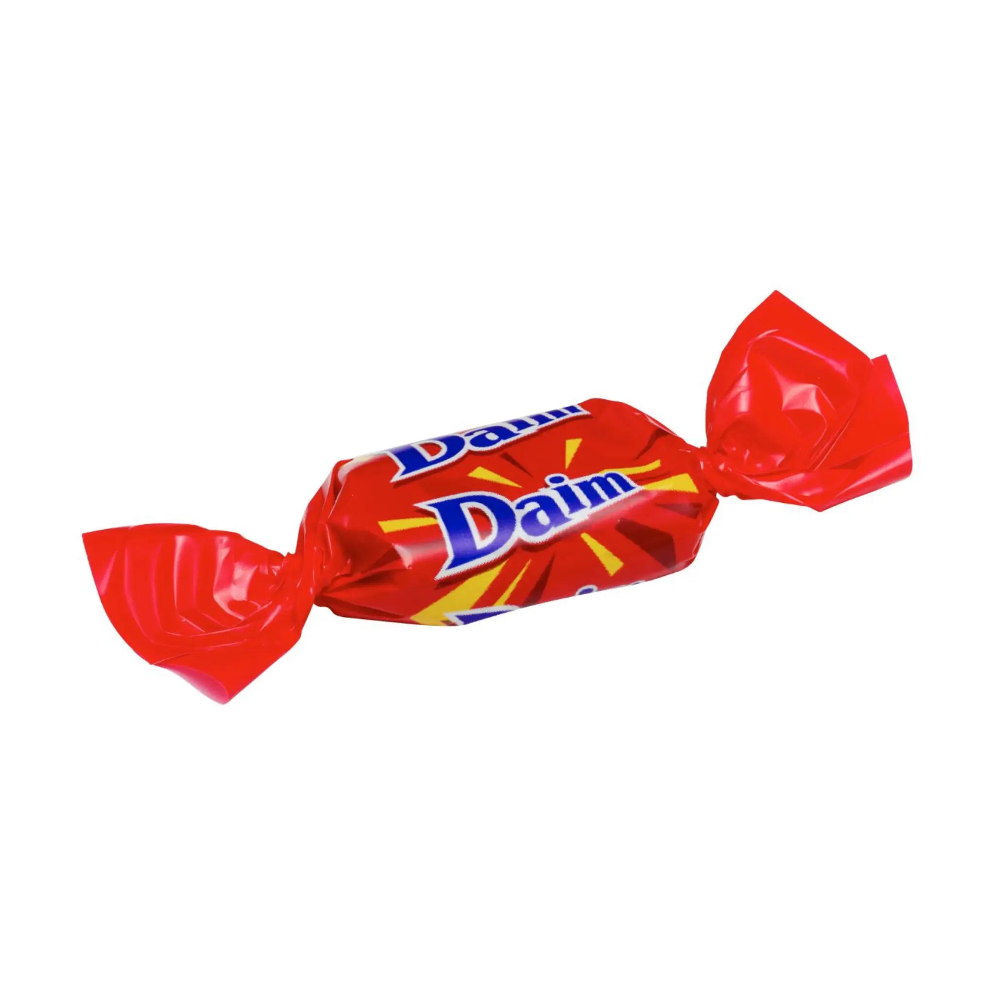 A piece of Daim wrapped in red, with blue and yellow details.