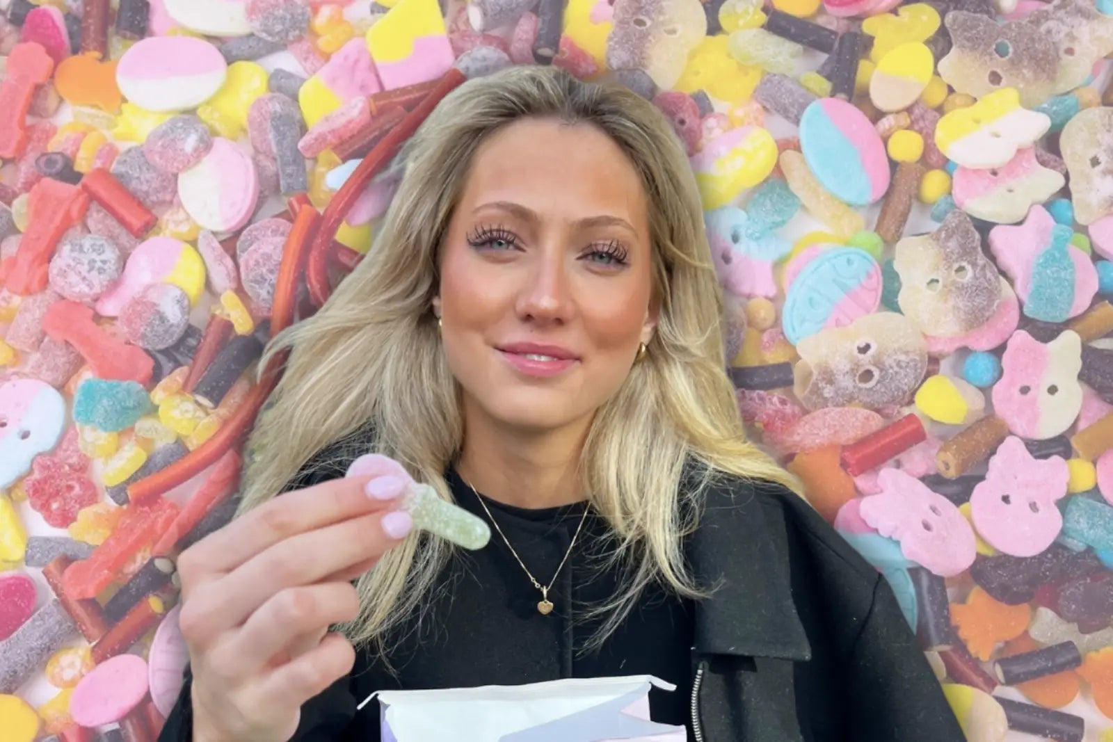 Montage of a woman holding a pacifier piece of candy, against a background of different candies in different colors.