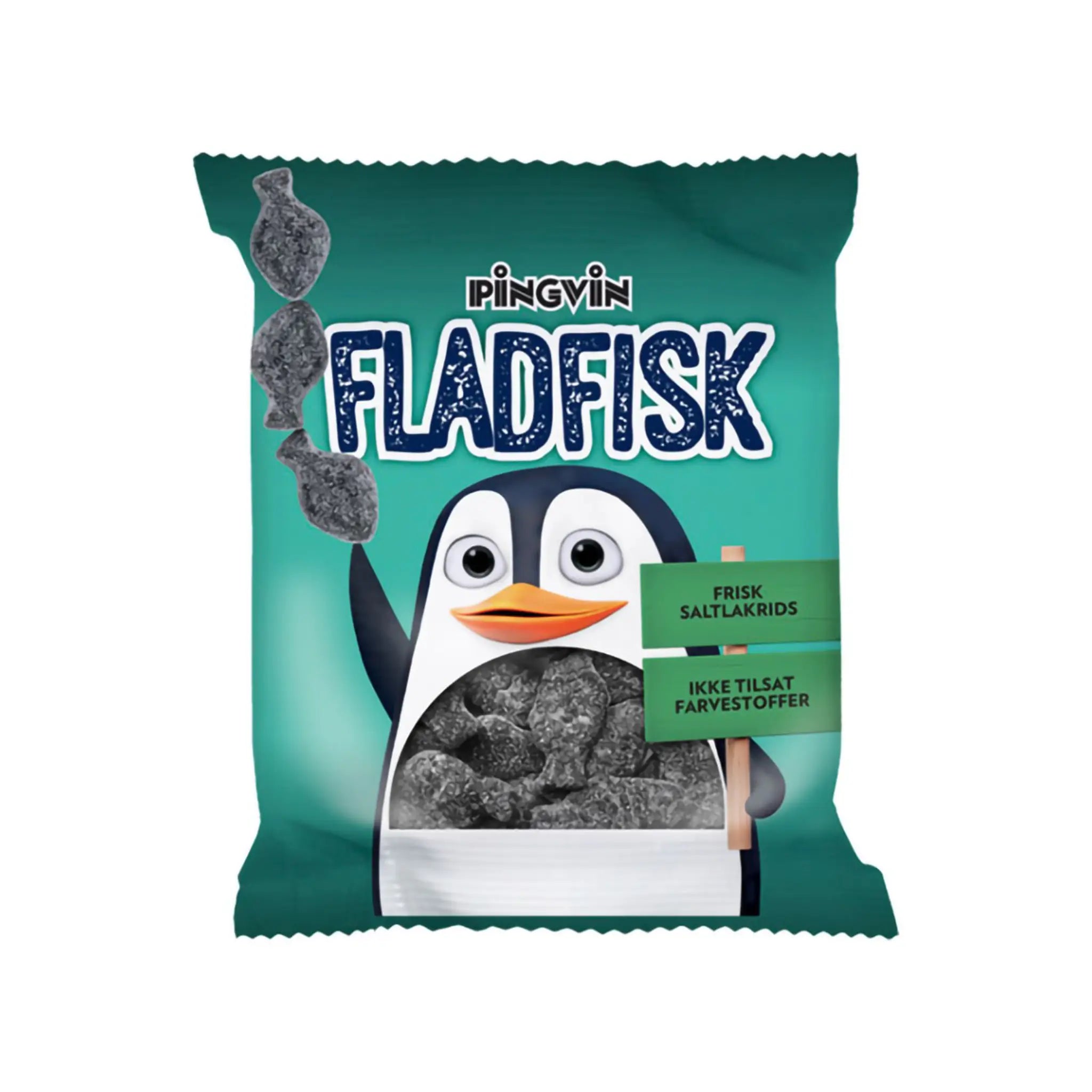A bag of candy in the shape of black fishes, coated in sugar, wrapped in a blue bag with a penguin on the front.