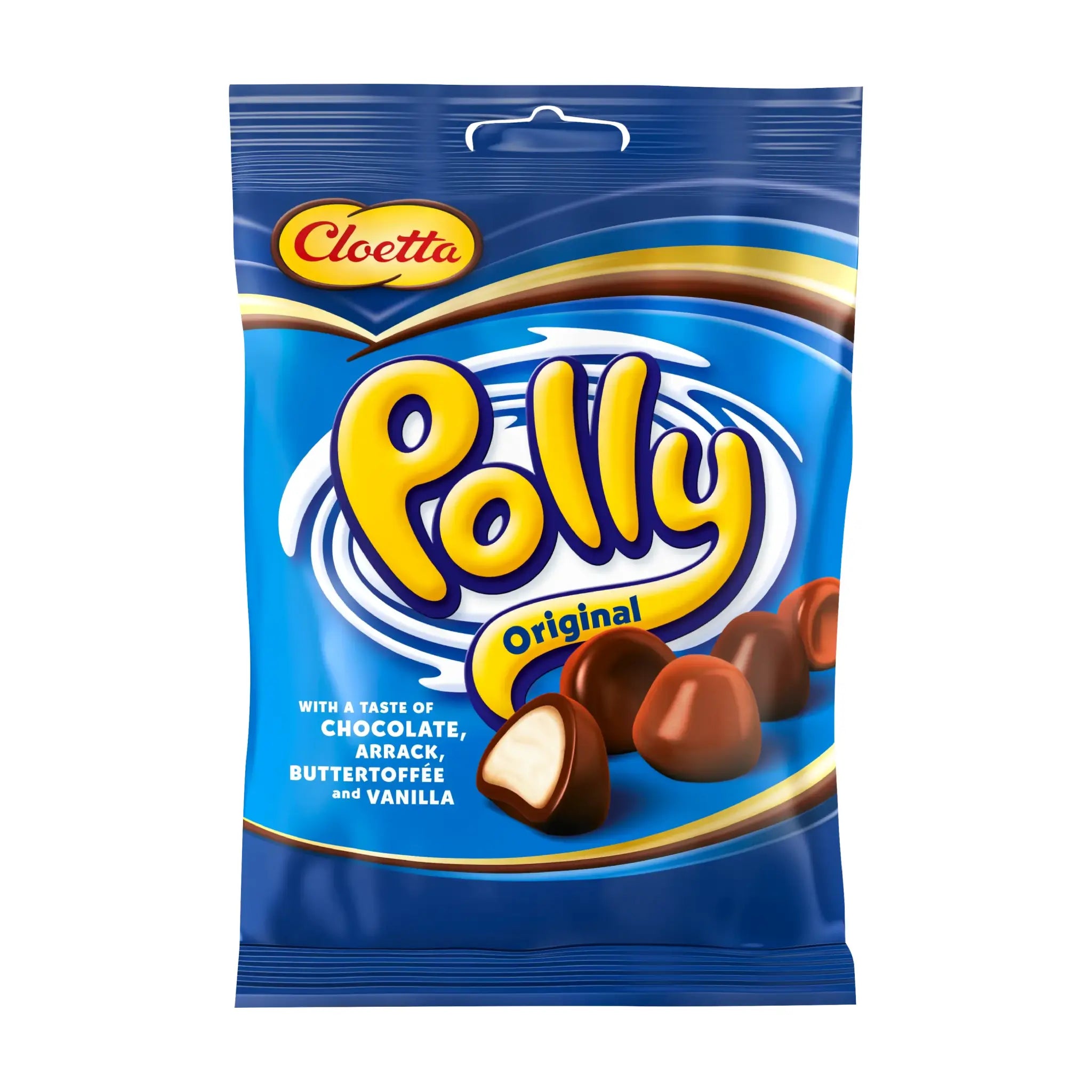 Swedish candy Polly wrapped in a blue bag with yellow and brown details.