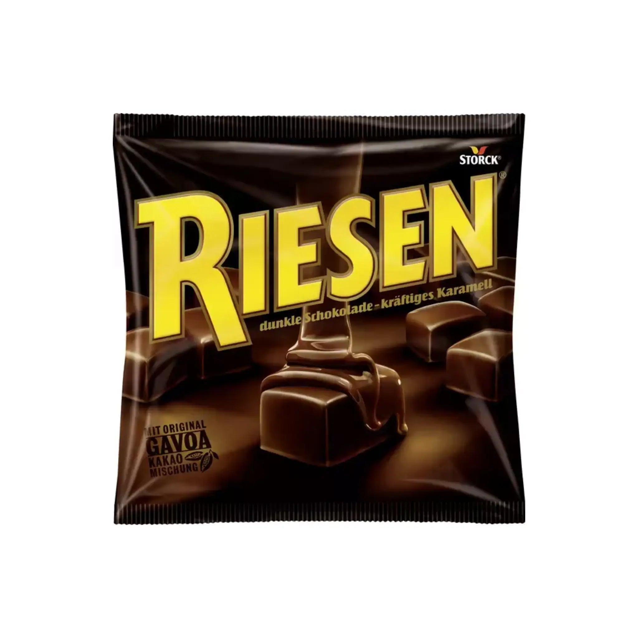 The chocolate Riesen, wrapped in a brown bag with yellow details.