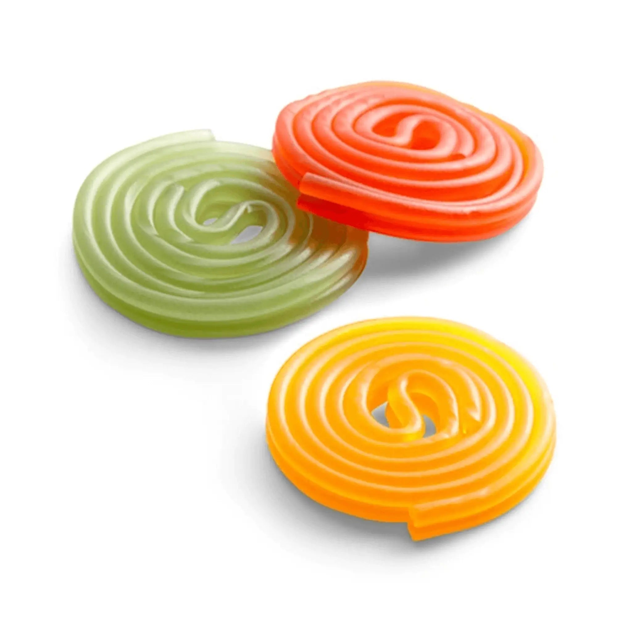 Round and fruity candy in green, yellow and red.