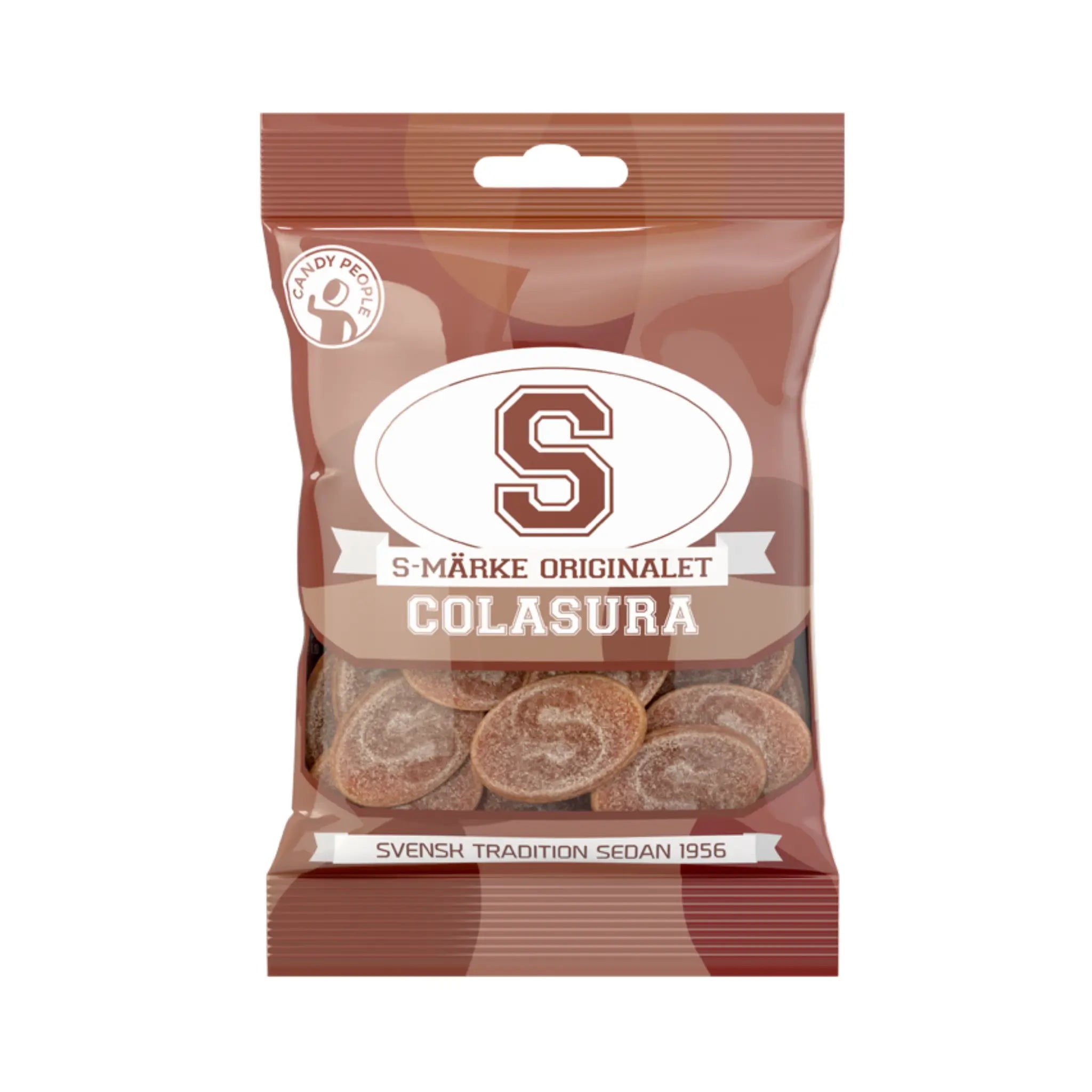 Swedish candy in brown, in oval shape and with the letter "S" on the front of each one, wrapped in a bag in mainly brown.