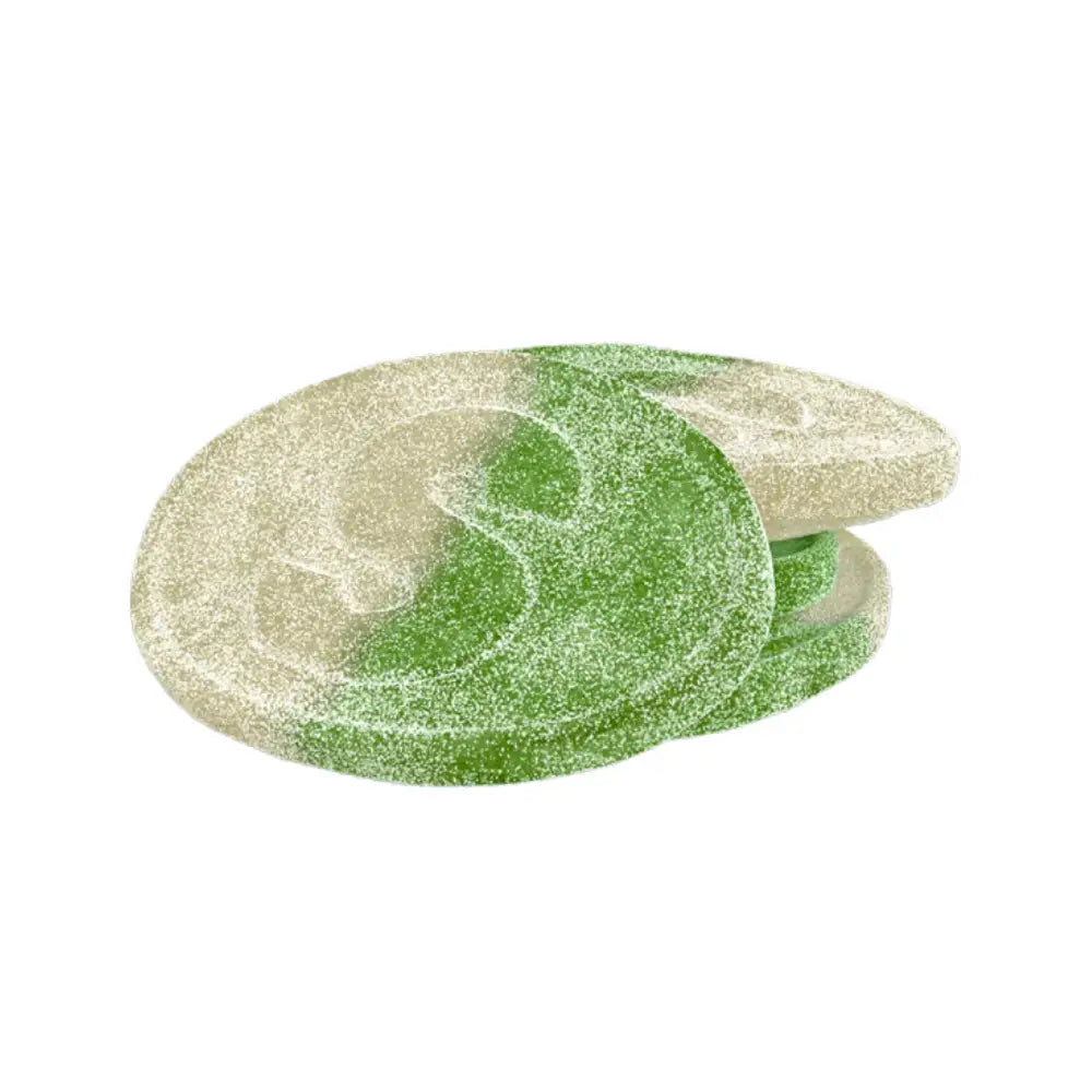 Four pieces of Swedish candy in the shape of ovals, half white and half green, coated in sugar, with a big "S" in the front.