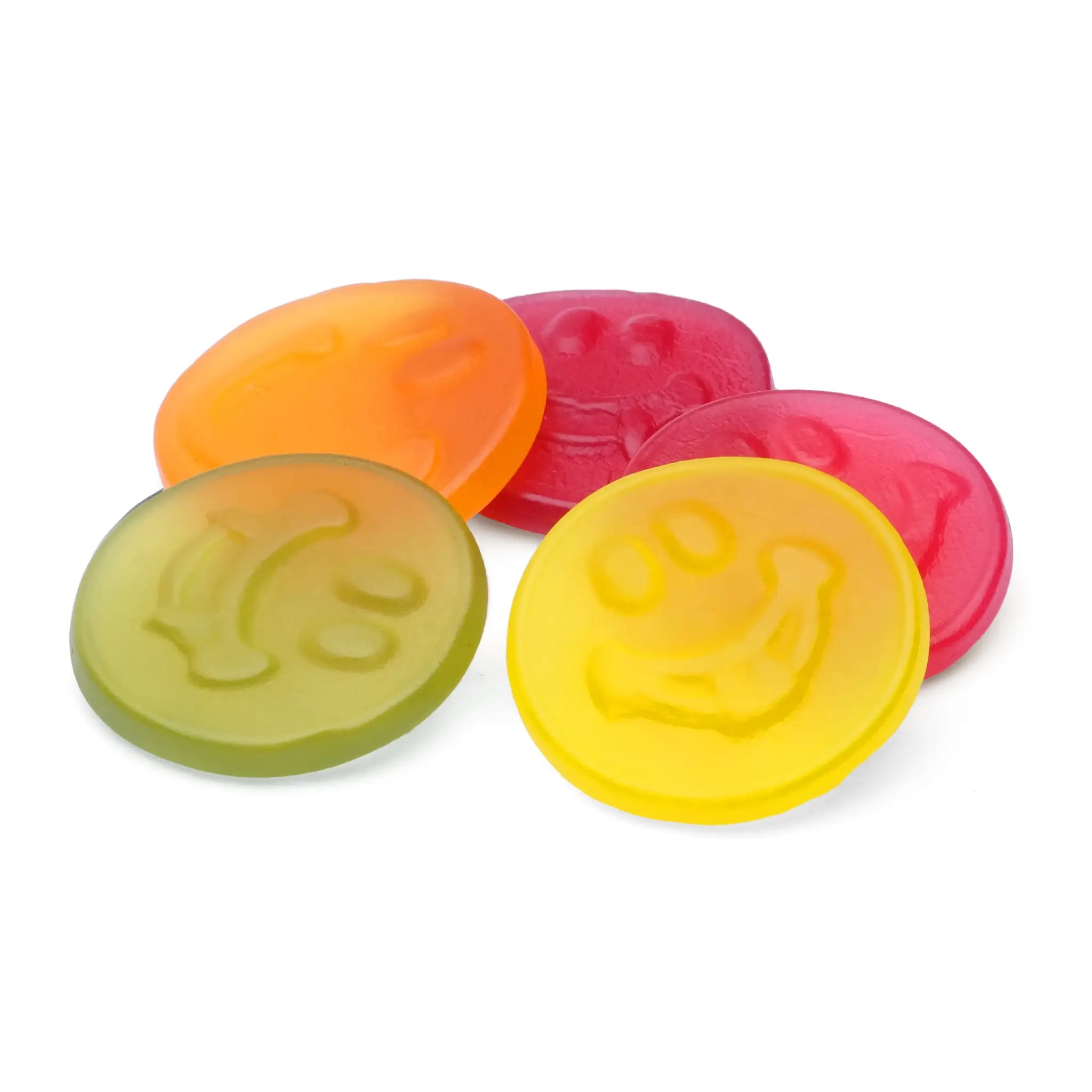 Five pieces of Swedish candy in the shape of smiling faces, in red, orange, green and yellow.