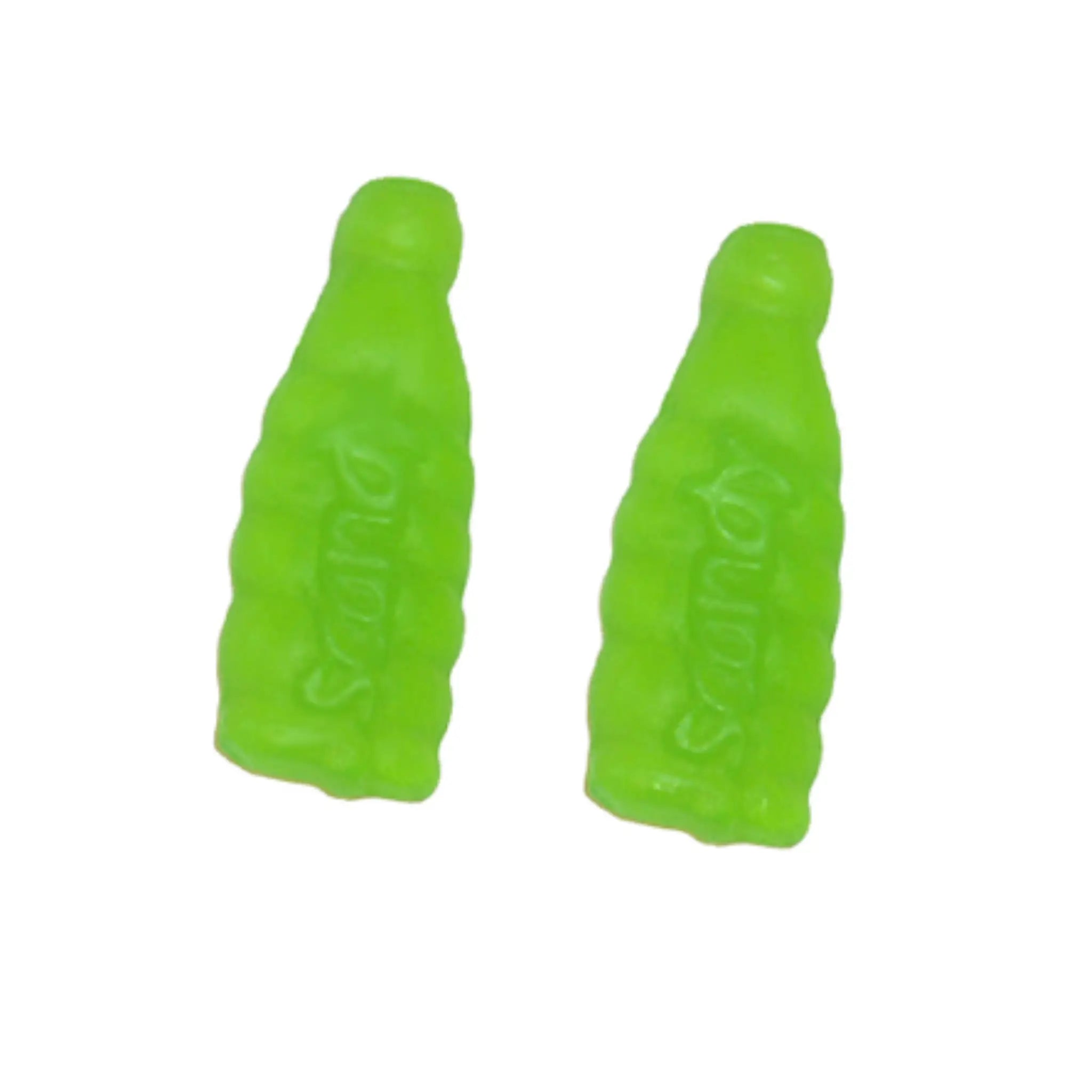 Two pieces of Swedish candy in the shape of bottles in green.