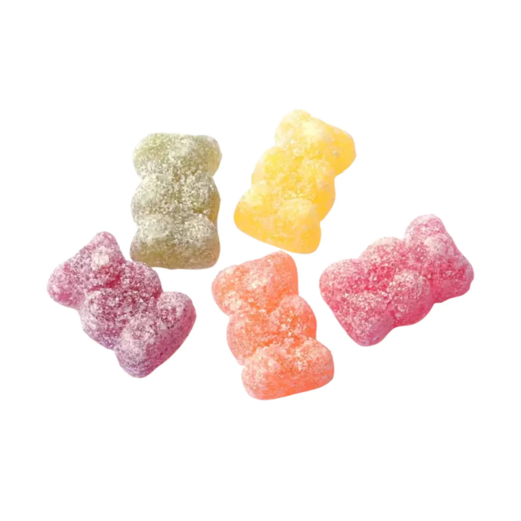 Swedish candy in the shape of small teddy bears in green, yellow, purple, orange and red.