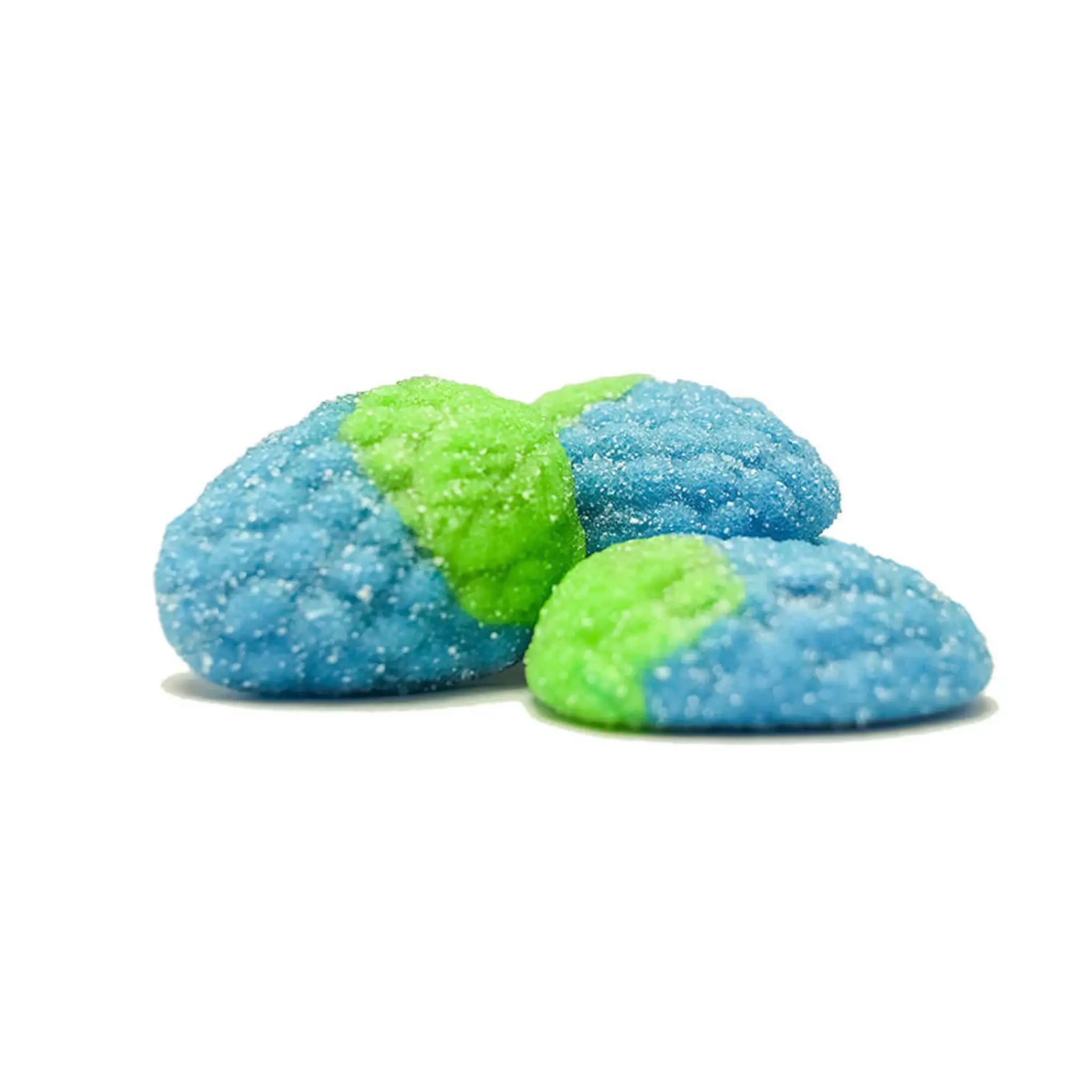 Blue and green colored candy in the shape of a raspberry.