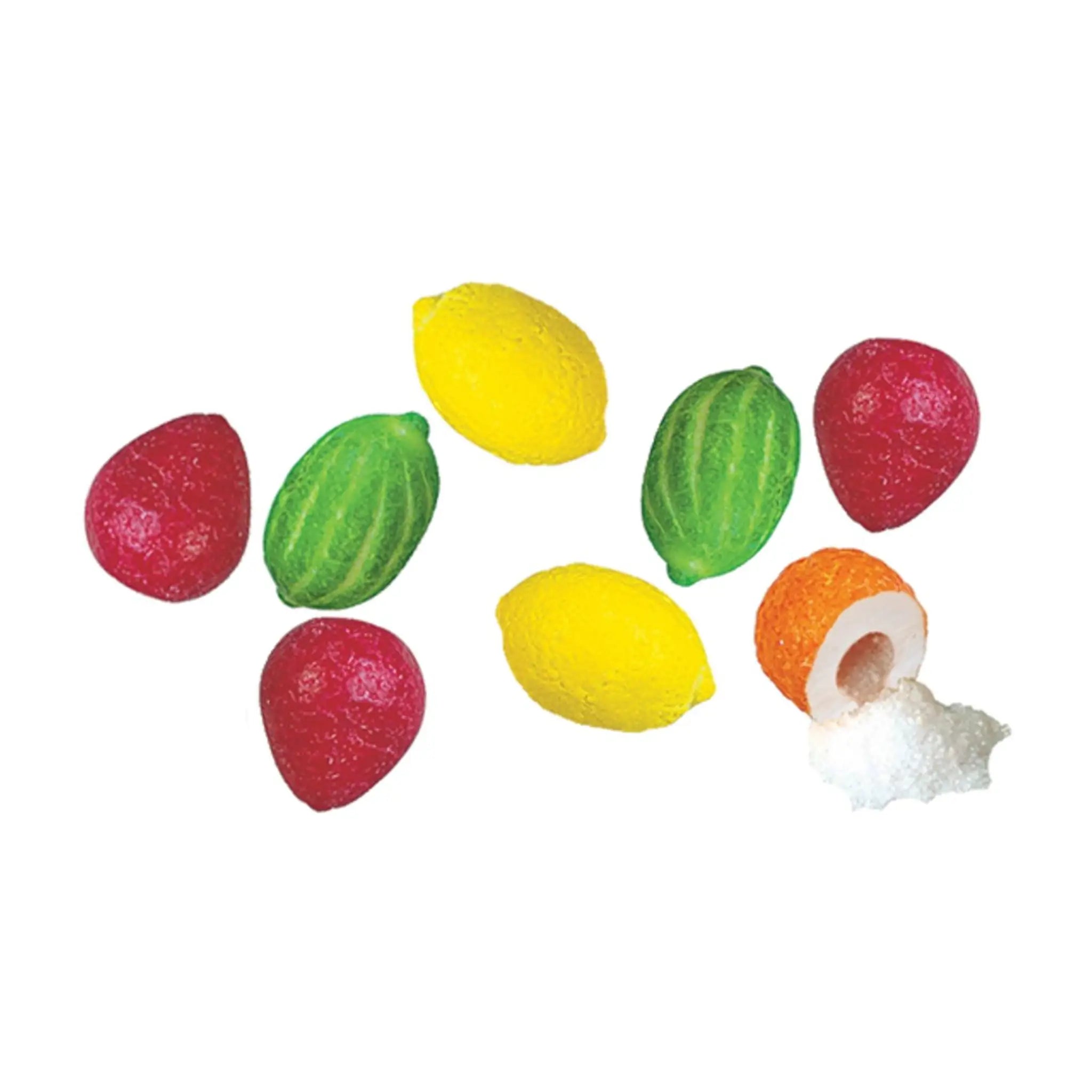 Swedish bubblegums in the shape of different fruits, such as pear, orange, lemon and watermelon.