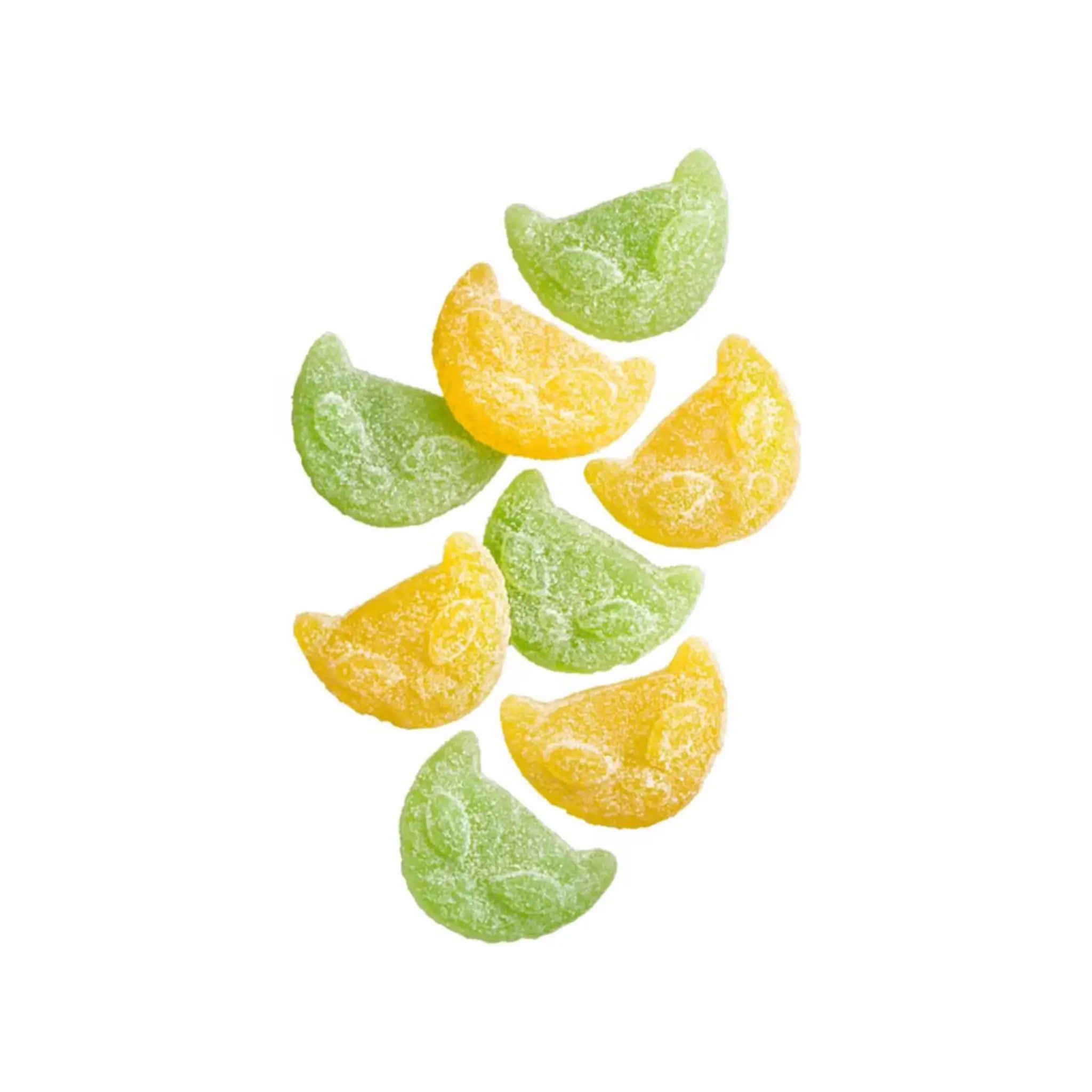 Eight pieces of Swedish candy in the shape of a cats head, in green and yellow, coated in sugar.