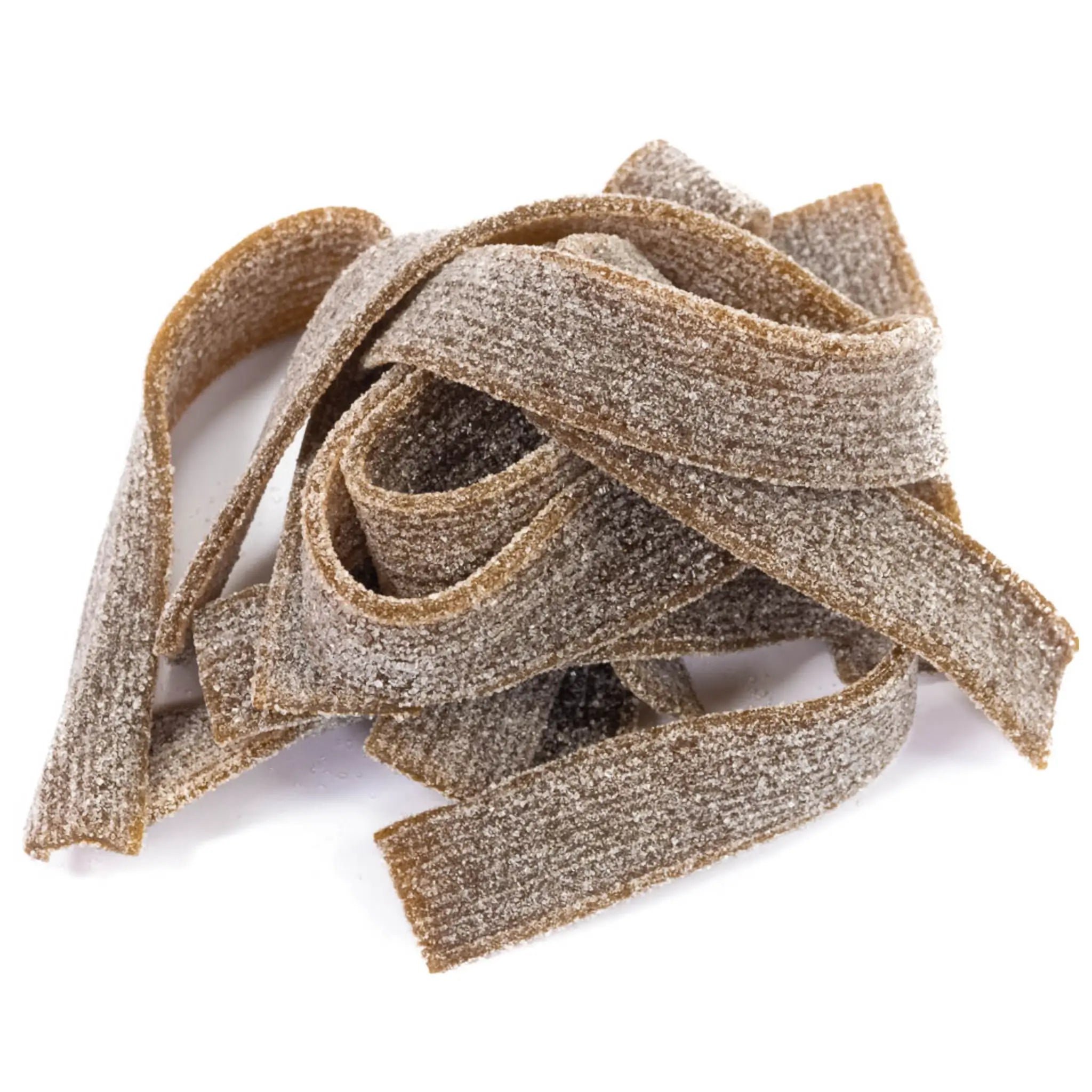 Candy in the shape of belts in brown coated in sugar.