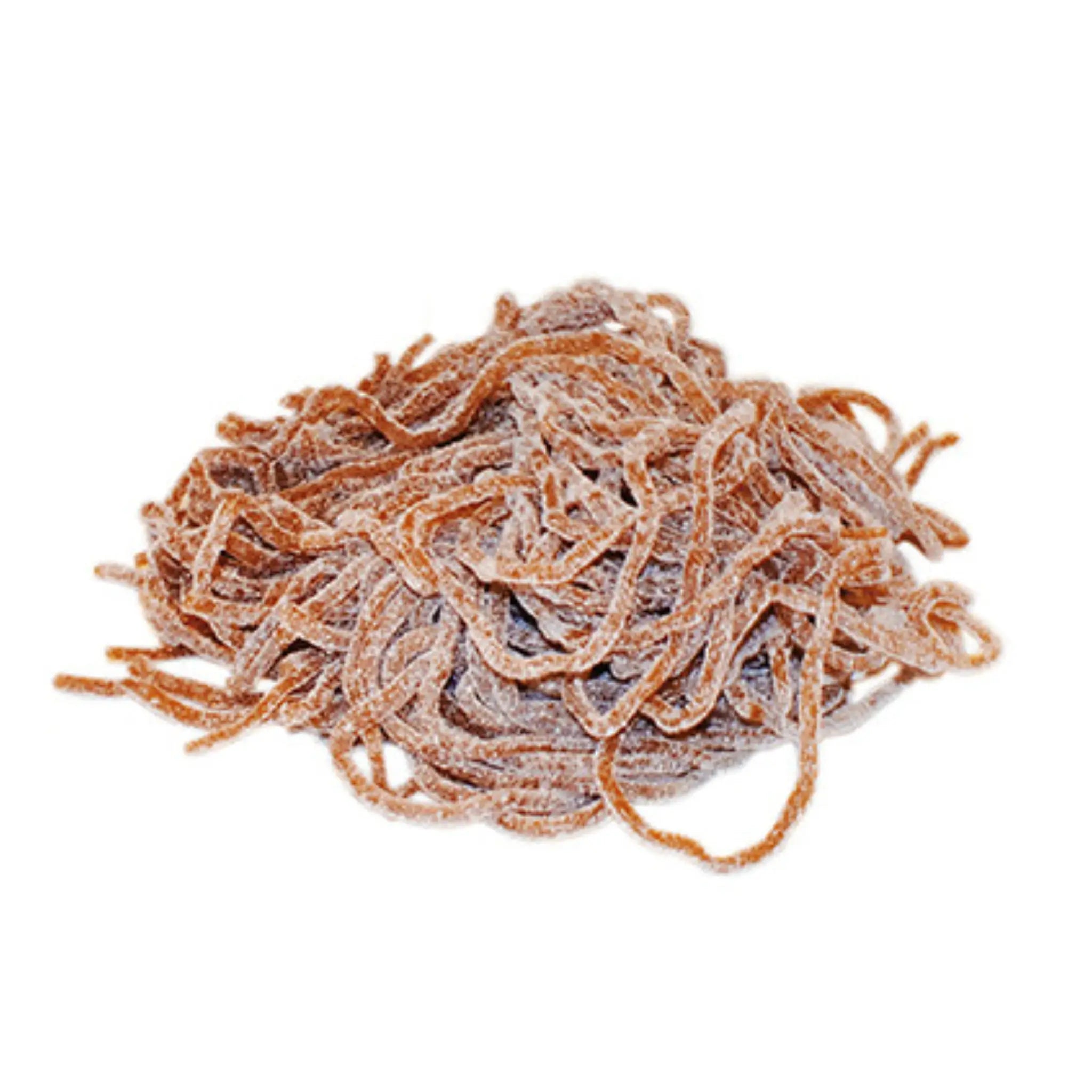 Swedish candy in the shape of brown spaghetti, coated in sugar.