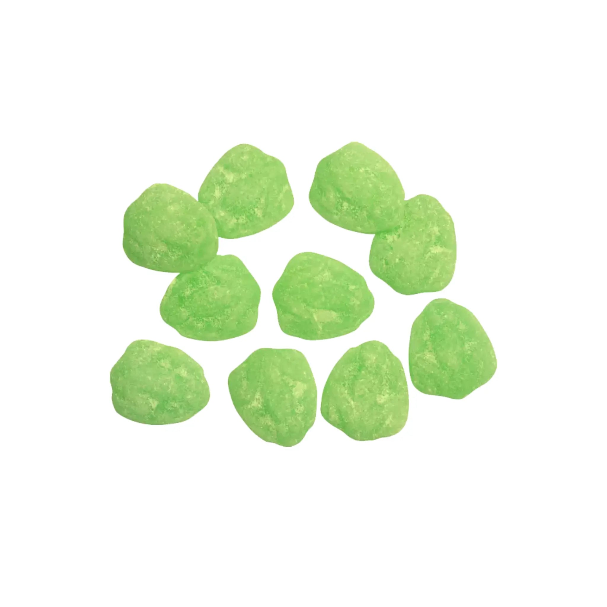 Ten pieces of Swedish candy in the shape of frogs, in green, coated in sugar.