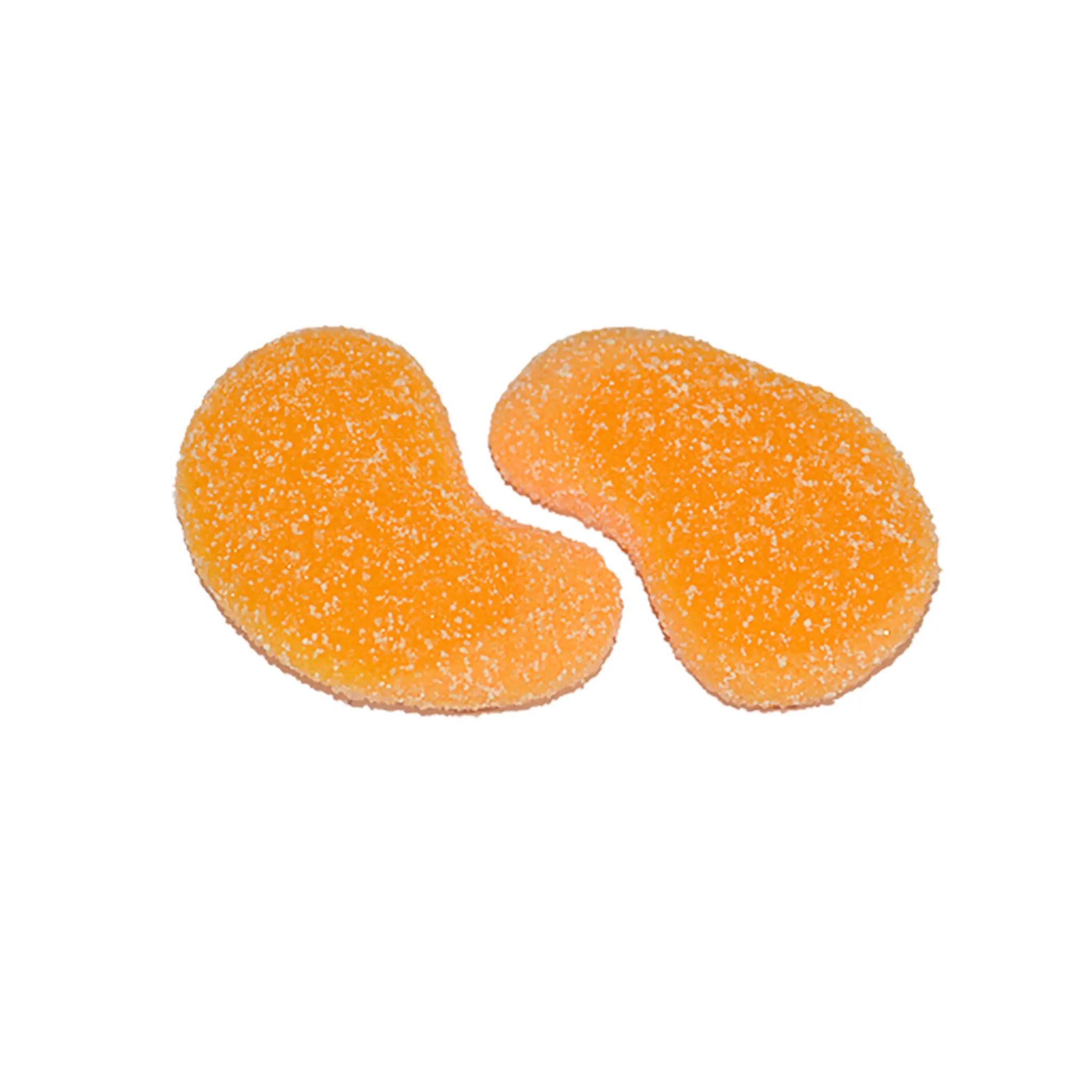 Two pieces of Swedish candy, shaped like mango pieces, in orange, coated in sugar.