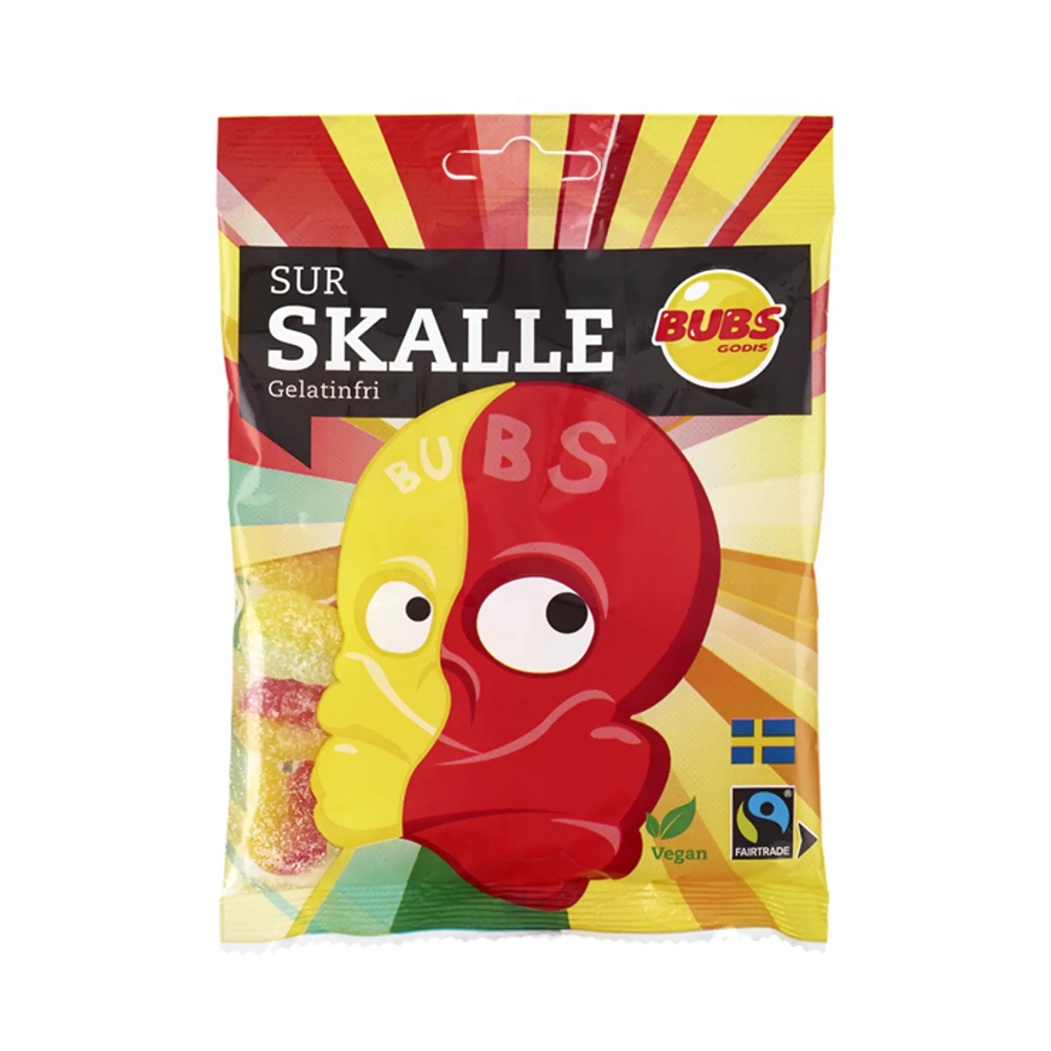 Swedish candy bag in mainly yellow and red. A skull on the front and a glimpse of sugar-coated candy inside.