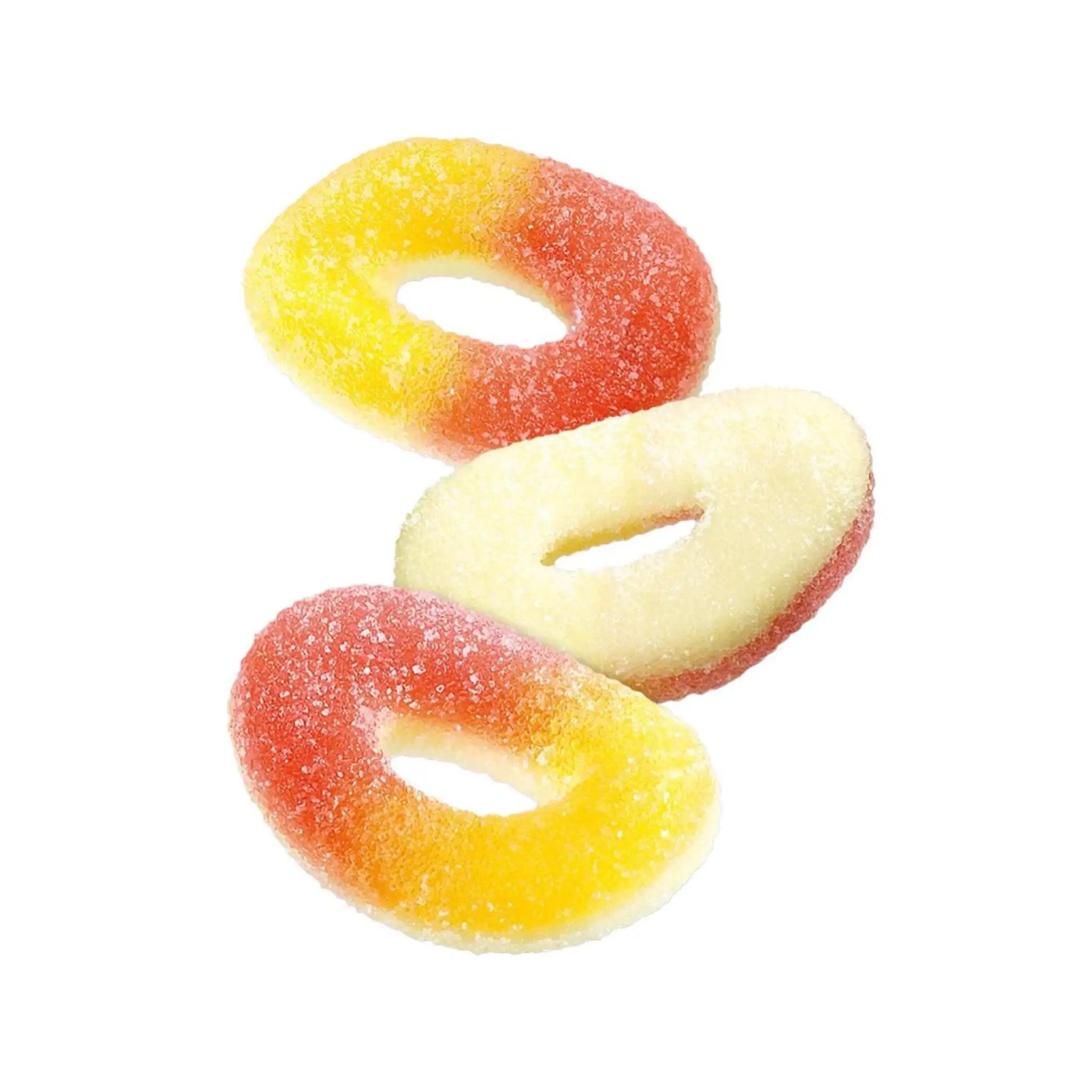 Three pieces of Swedish candy in the shape of rings, coated in sugar, in orange and yellow.