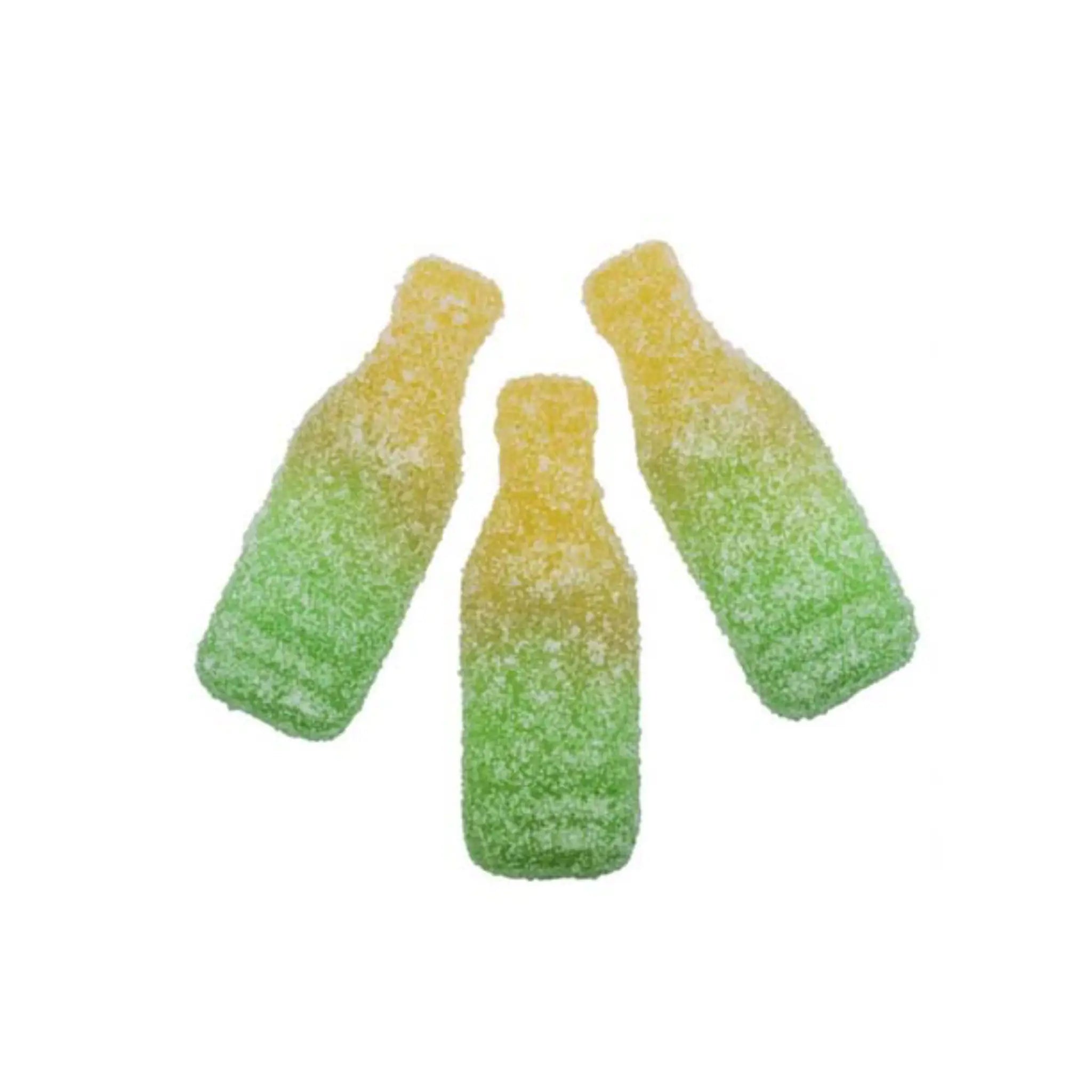 Three pieces of Swedish candy shaped like bottles in green and yellow, coated in sugar.