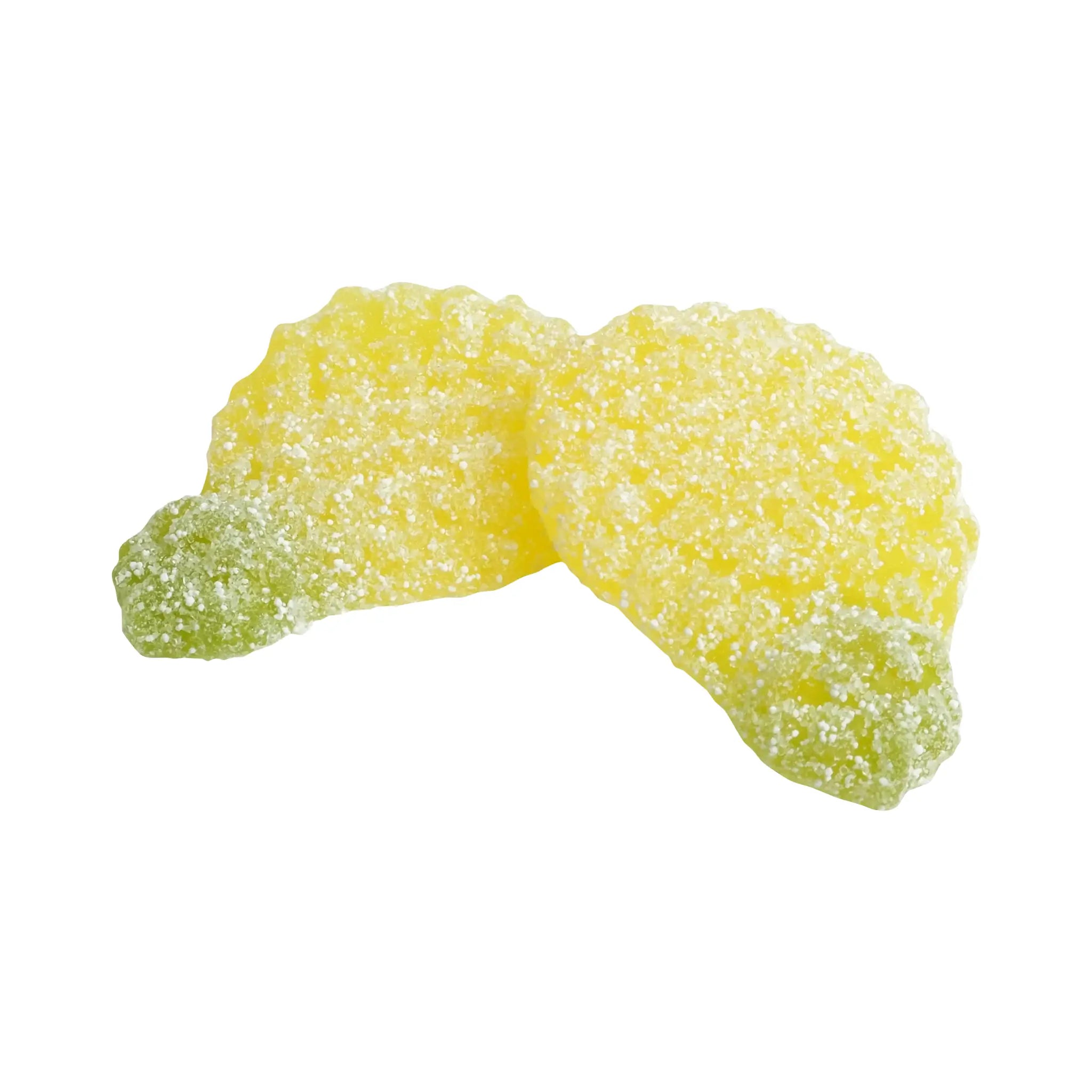 Two pieces of Swedish candy coated in sugar and shaped like pineapples in yellow, with a green top.