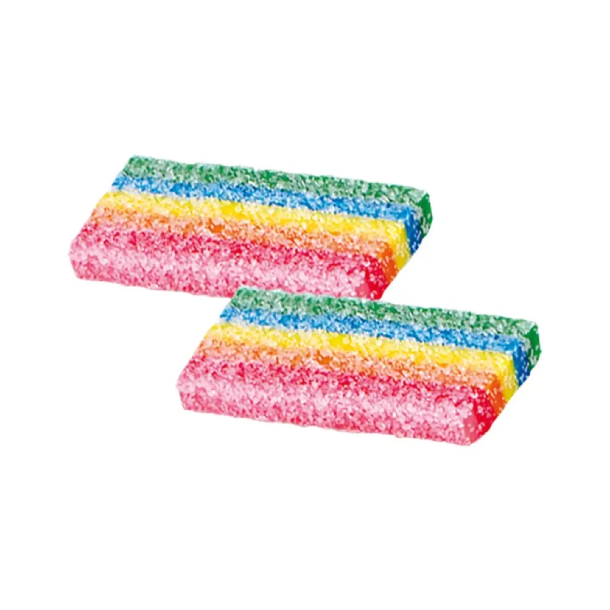 Two Swedish candy pieces in the shape of carpets in different colors of the rainbow.