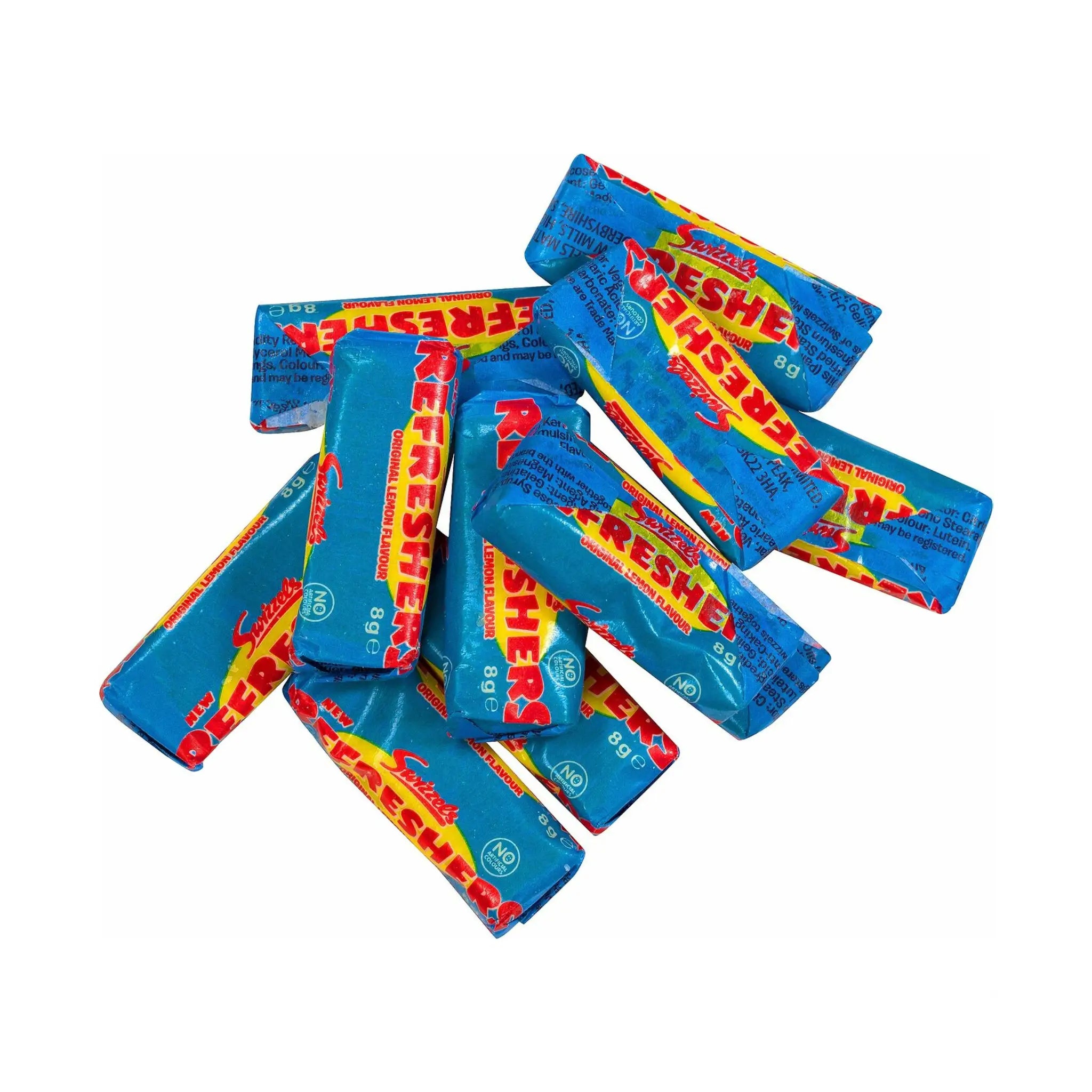 Multiple pieces of the candy "Refreshers" wrapped in mainly blue, yellow and red.