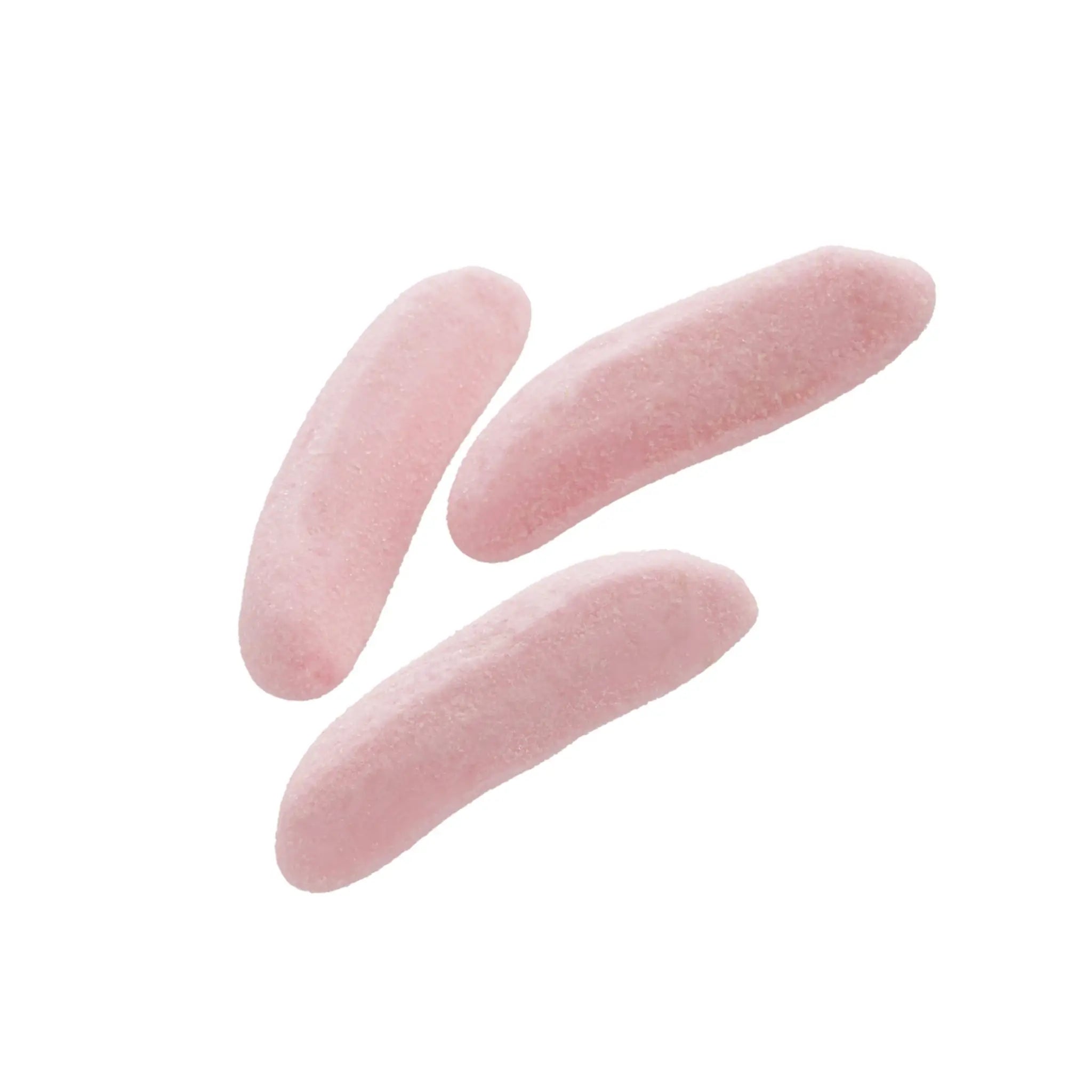 Three pieces of Swedish candy in the shape of pink bananas.