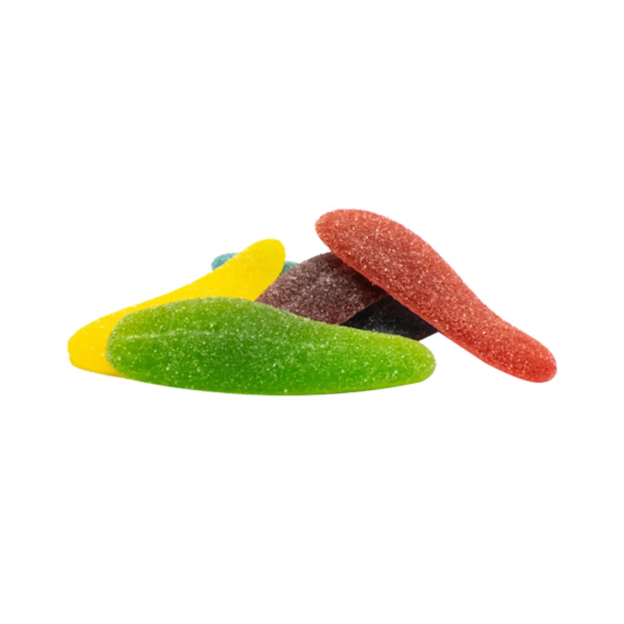 Swedish candy in the shape of tongues in green, yellow, red, brown and blue, coated in sugar.