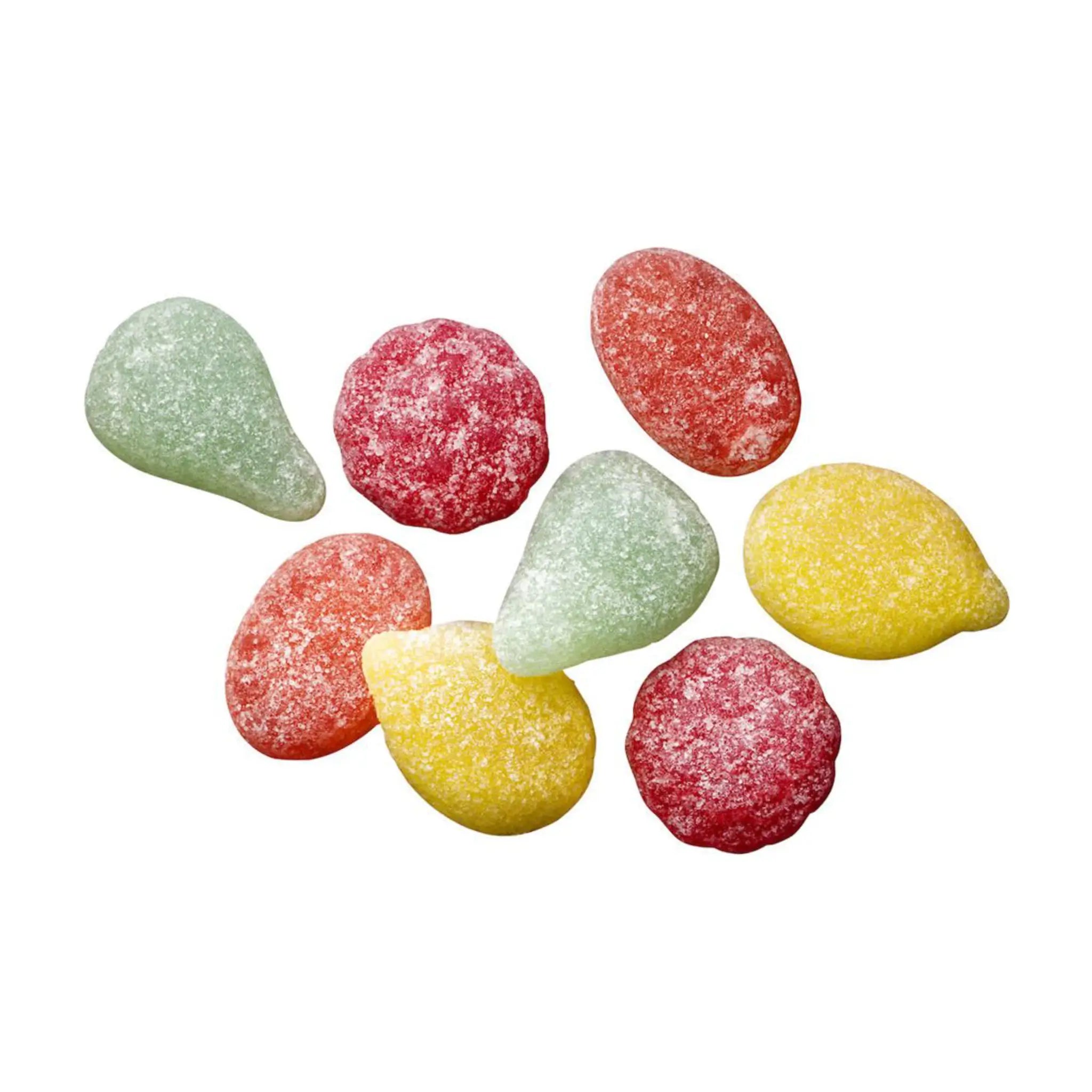 Eight pieces of Swedish candy in the shape of different fruits, coated in sugar, in red, orange, yellow and green.