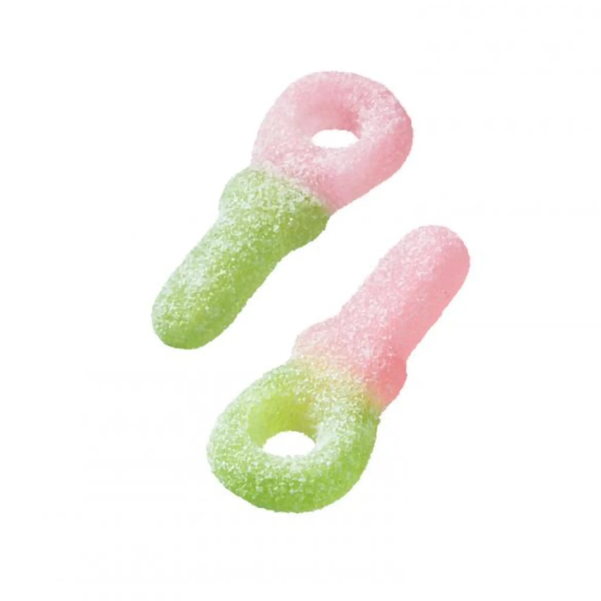 Two pieces of Swedish candy in the shape of pacifiers in green and pink.
