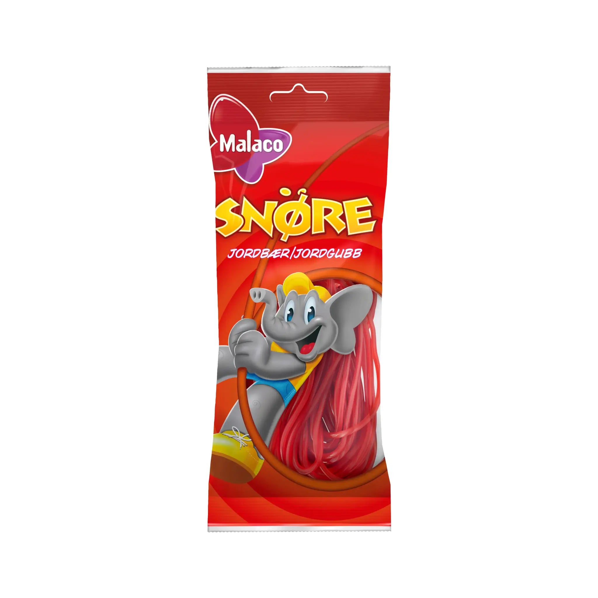 Candy in the shape of red laces, wrapped in red with a cartooned elephant in the front.