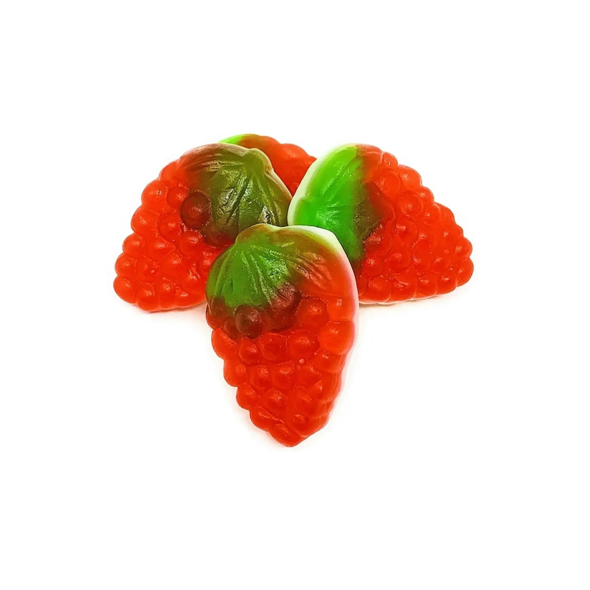 Three pieces of Swedish candy in the shape of strawberries in red and green.