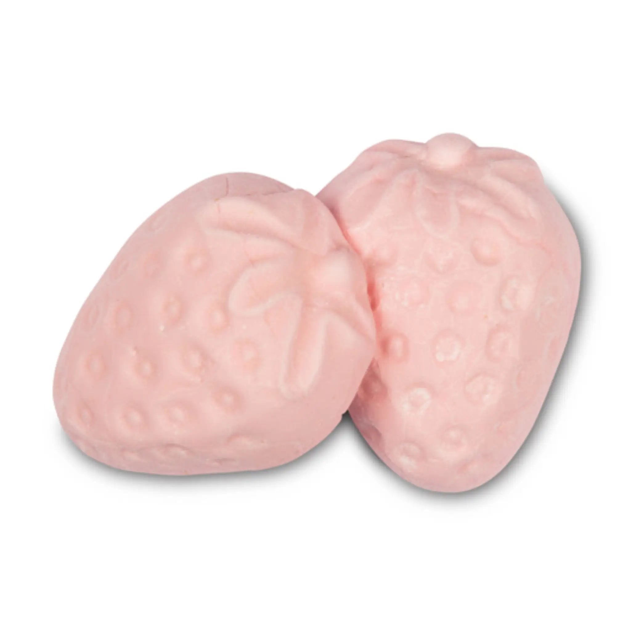 Two pieces of pink candy in the shape of strawberries.
