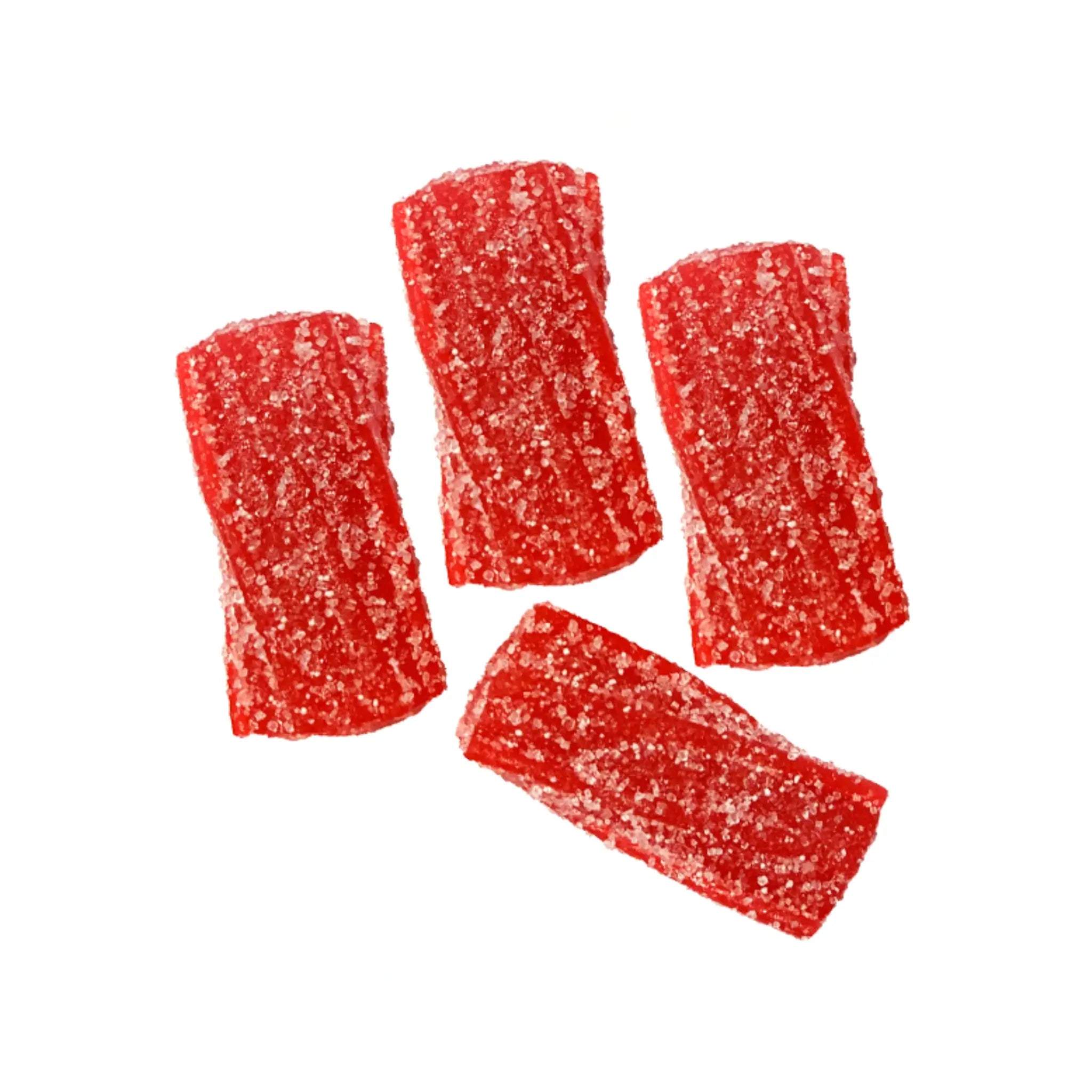 Four pieces of Swedish candy in the shape of twists, in red, and coated in sugar.