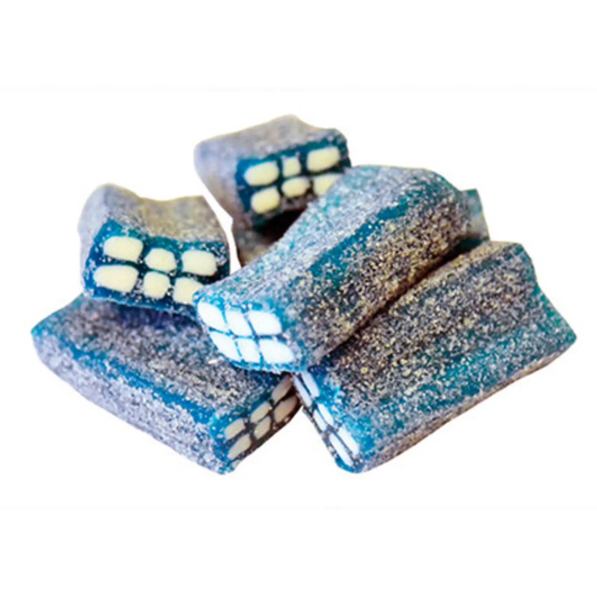Blue Swedish candy with a touch of white and sugar crystals on the outside.