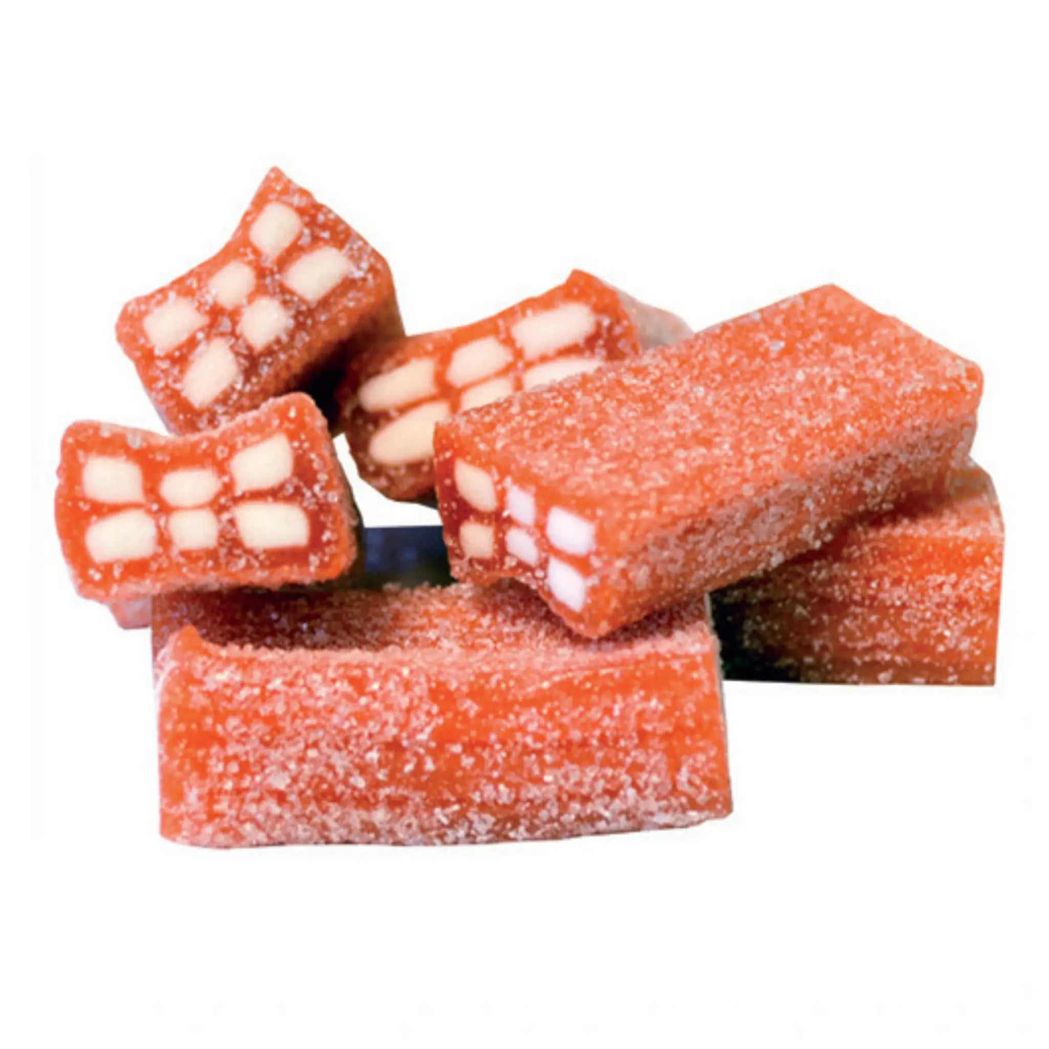 Red Swedish candy with a touch of white and sugar crystals on the outside.