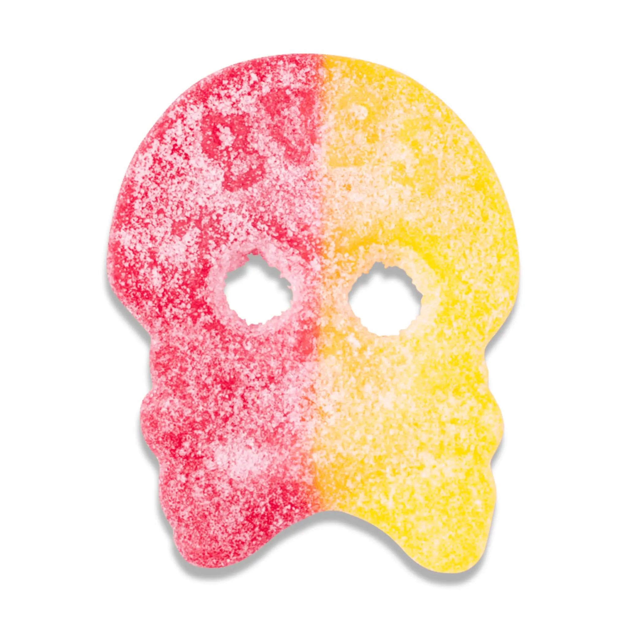 A piece of Swedish candy in the shape of a skull, half in yellow and half in red, coated in sugar.