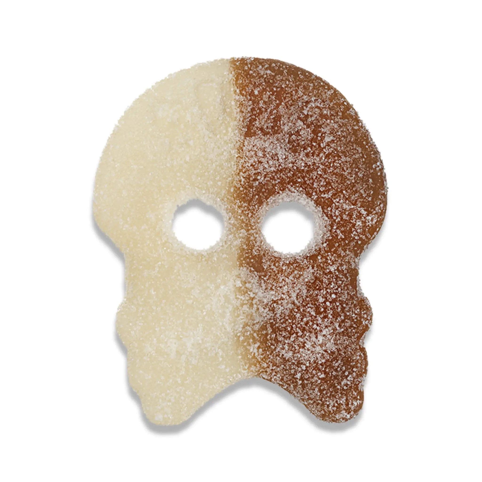 A piece of Swedish candy in the shape of a skull, half in white and half in brown, coated in sugar.