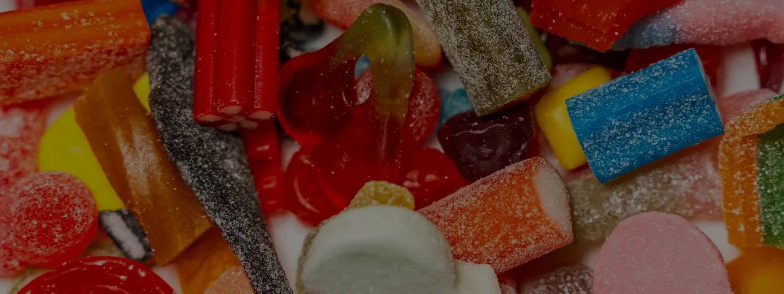 Assorted choice of Swedish candy in different shapes and colors.