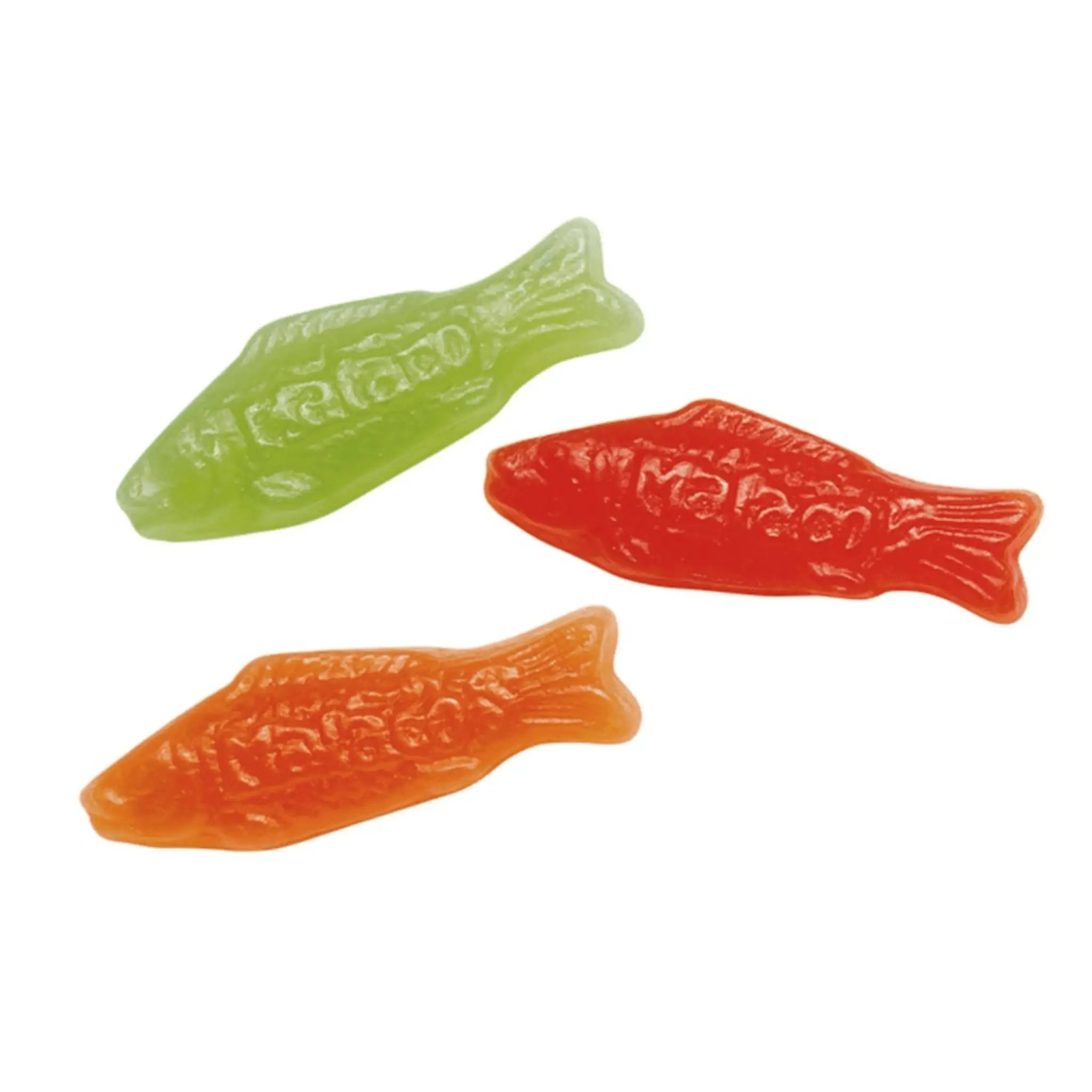 Swedish candy fish in green, orange and yellow.
