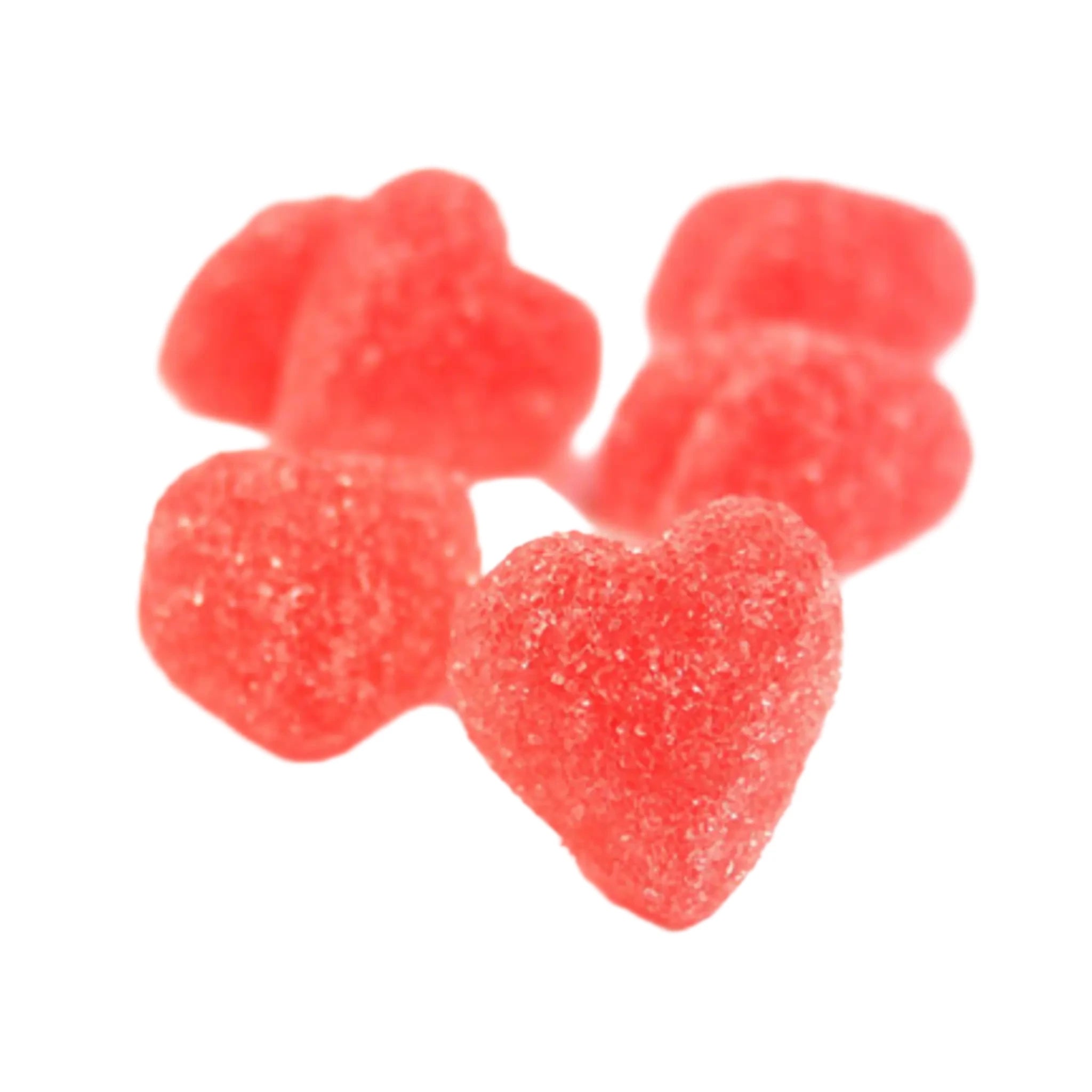 Swedish candy shaped like hearts, red and covered with sugar crystals.