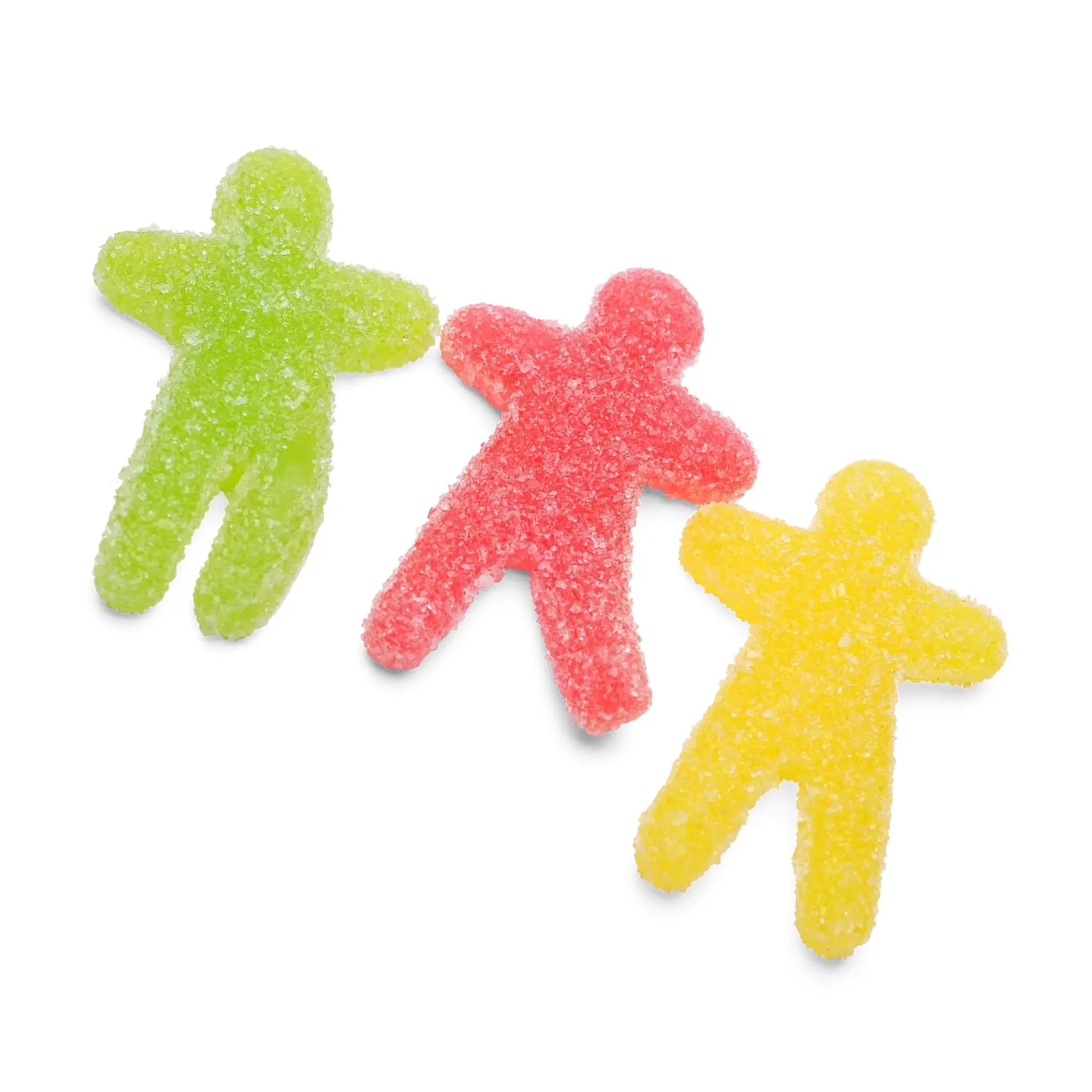 Three pieces of Swedish candy in the shape of men, coated in sugar, in green, red and yellow.