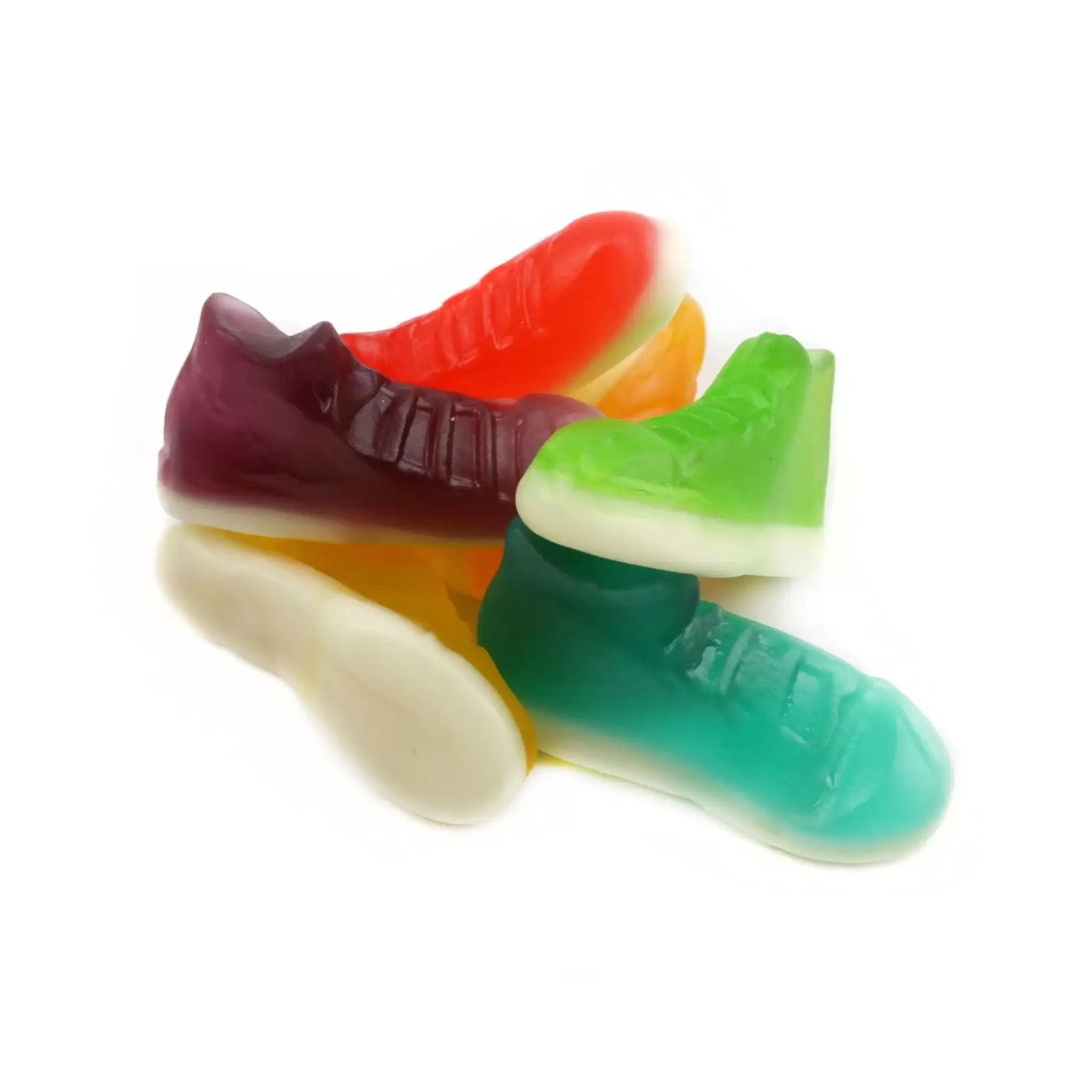 Swedish candy in the shape of sneakers in brown, yellow, green, red and blue.
