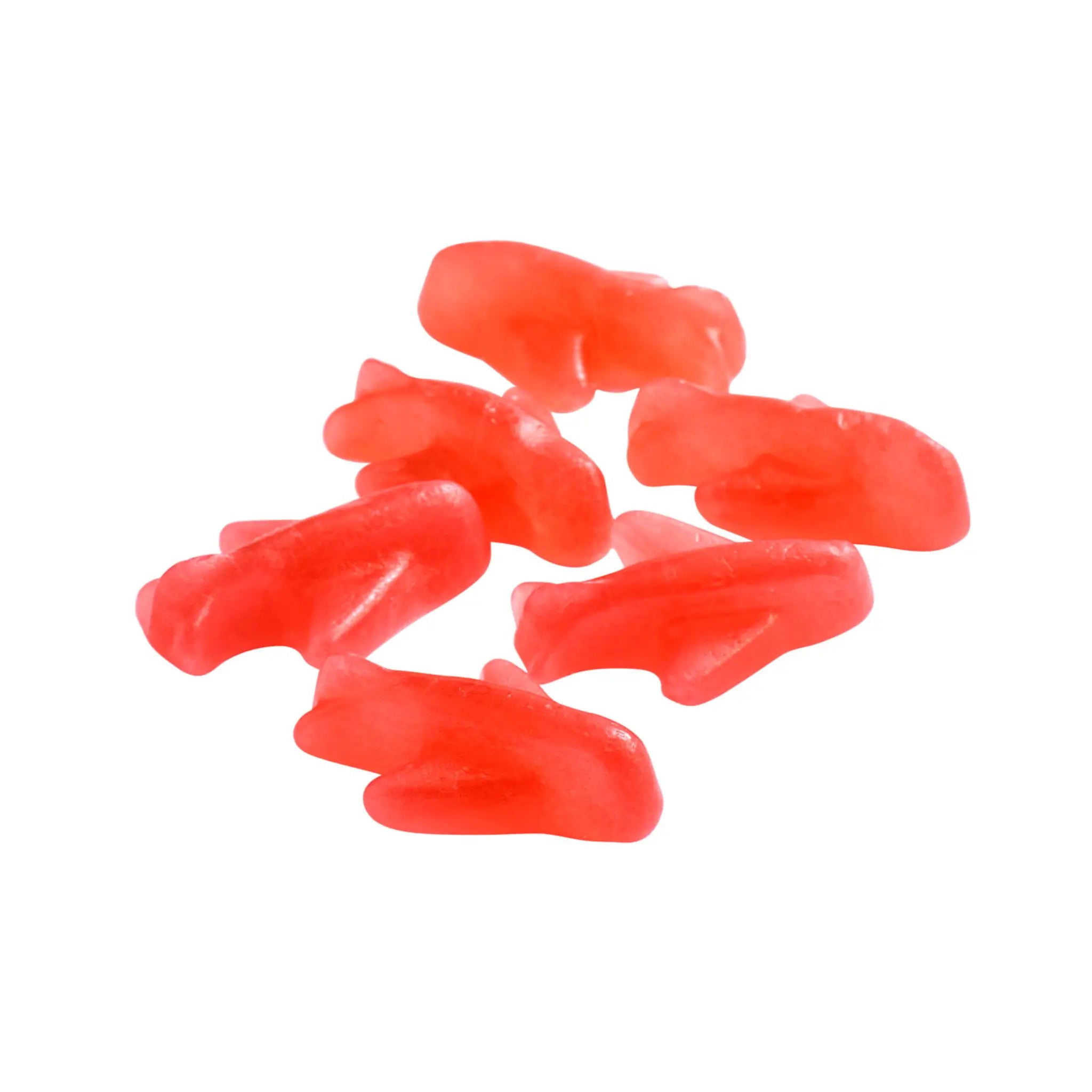 Six red pieces of Swedish candy shaped like airplanes.
