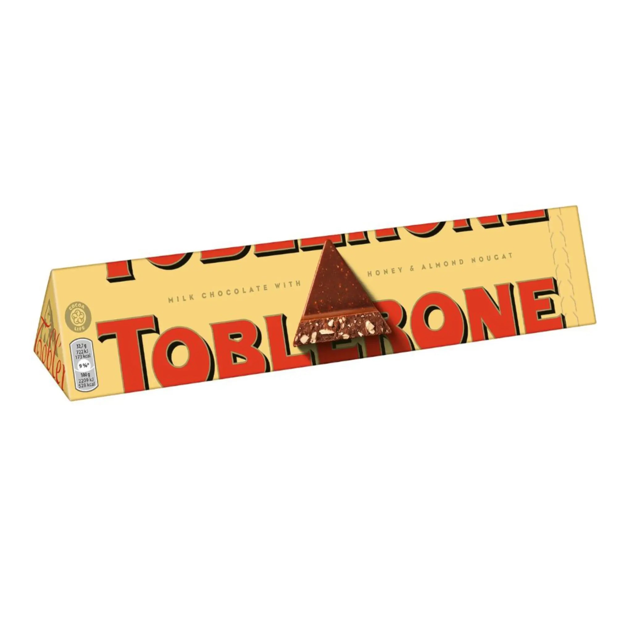 The chocolate "Toblerone" wrapped in yellow, with its name in red.