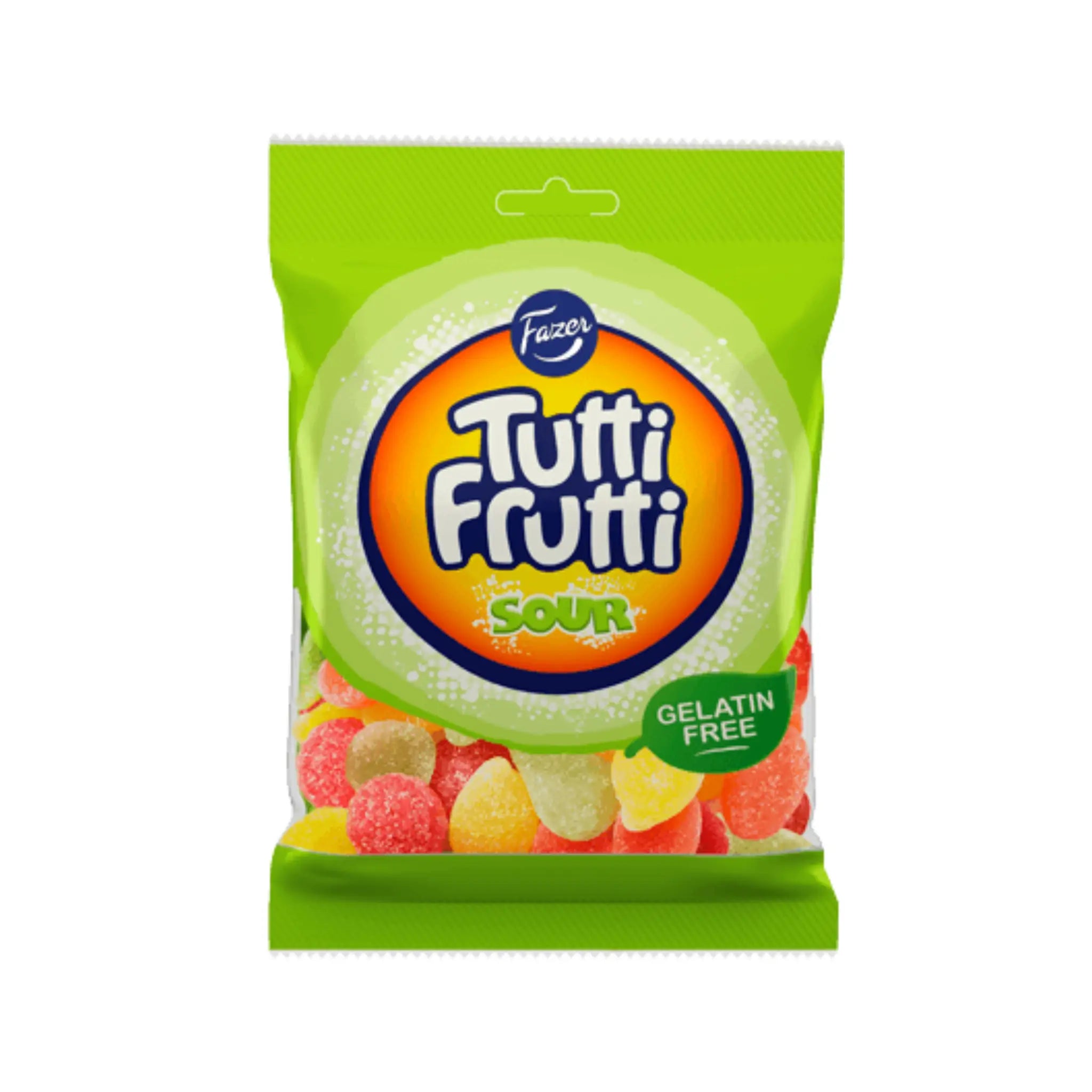 Swedish candy in the shape of different fruits wrapped in a green bag with "Tutti Frutti Sour" in the front.