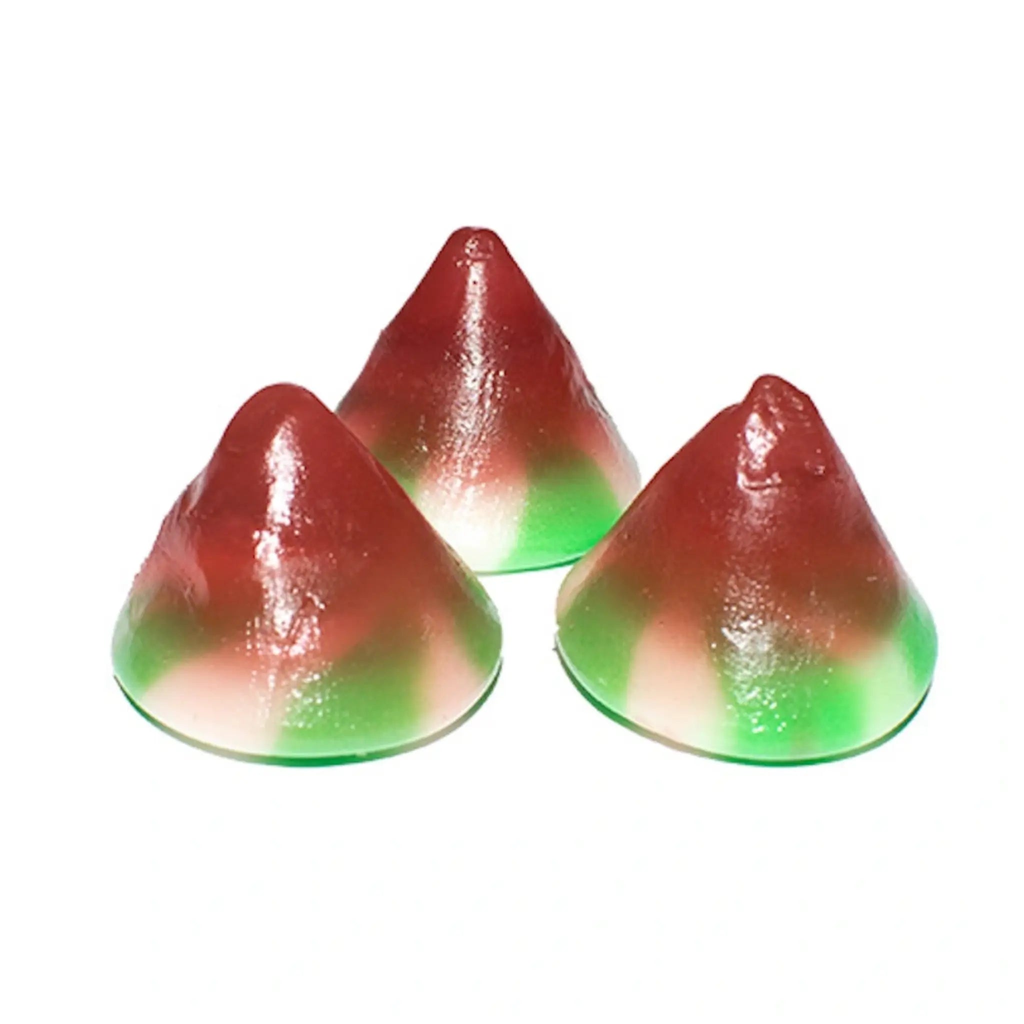 Cone-shaped gummy candies with green, white, and red layers and edge pointing up.