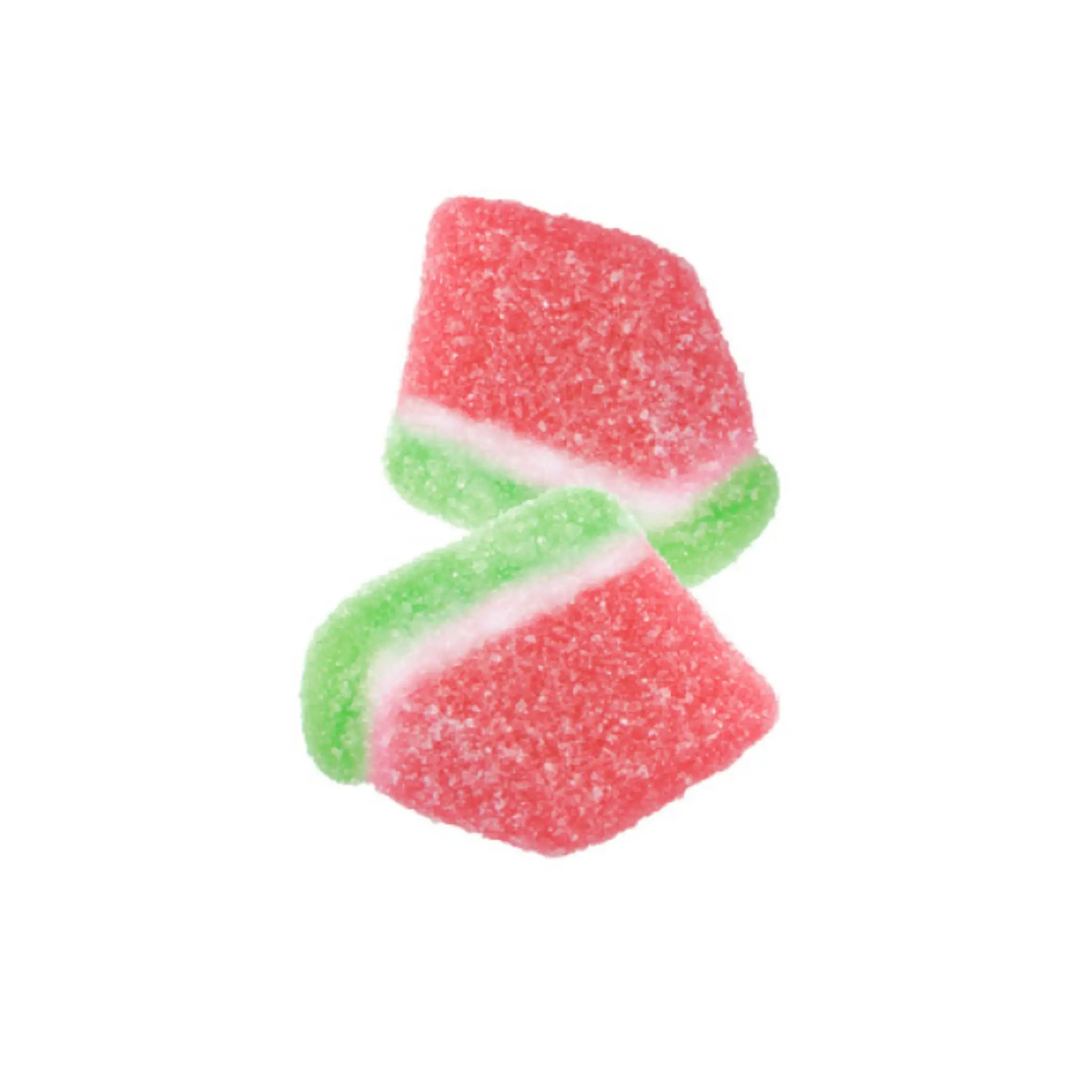 Two pieces of candy in the shape of watermelon slices.