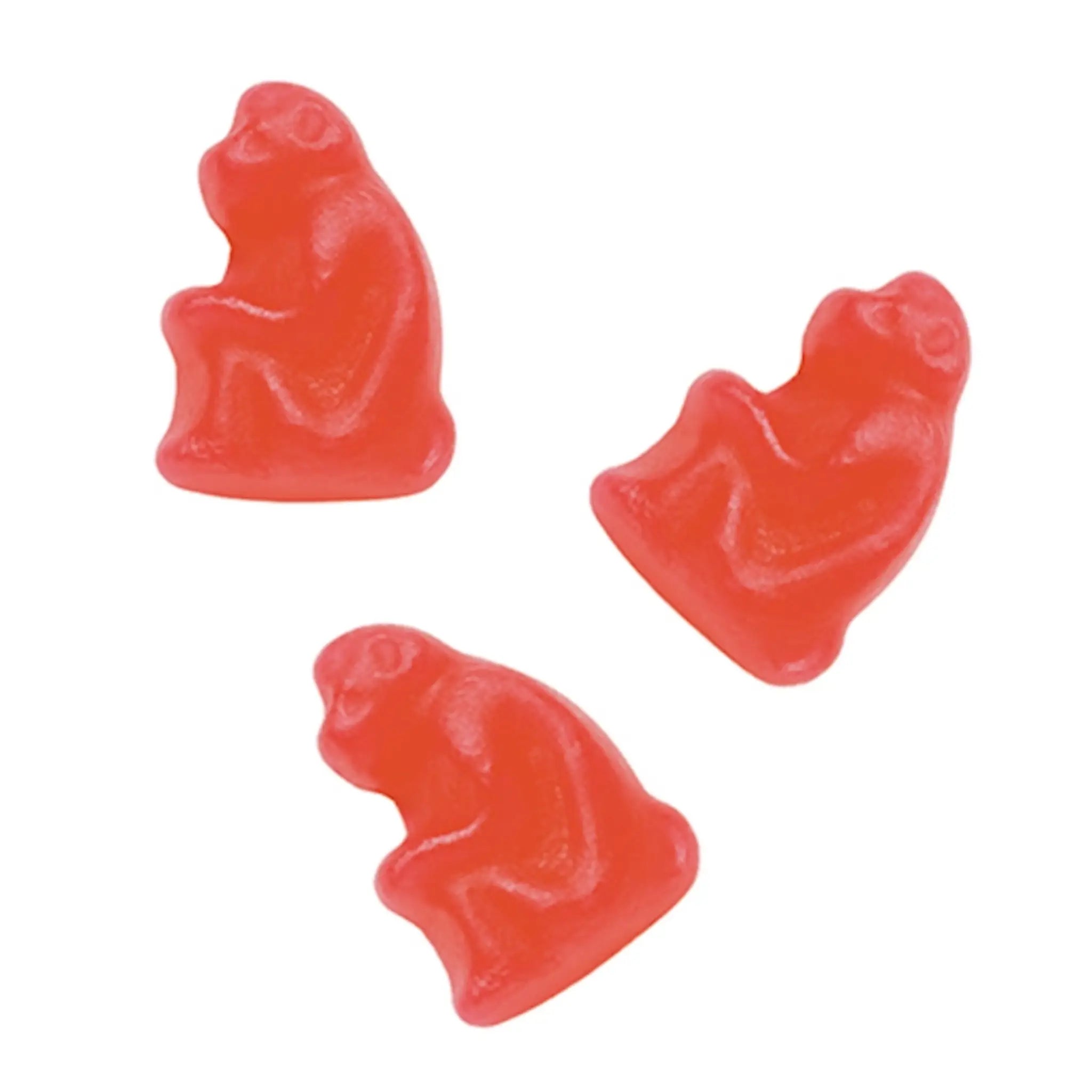 Red Swedish candy shaped like sitting monkeys.