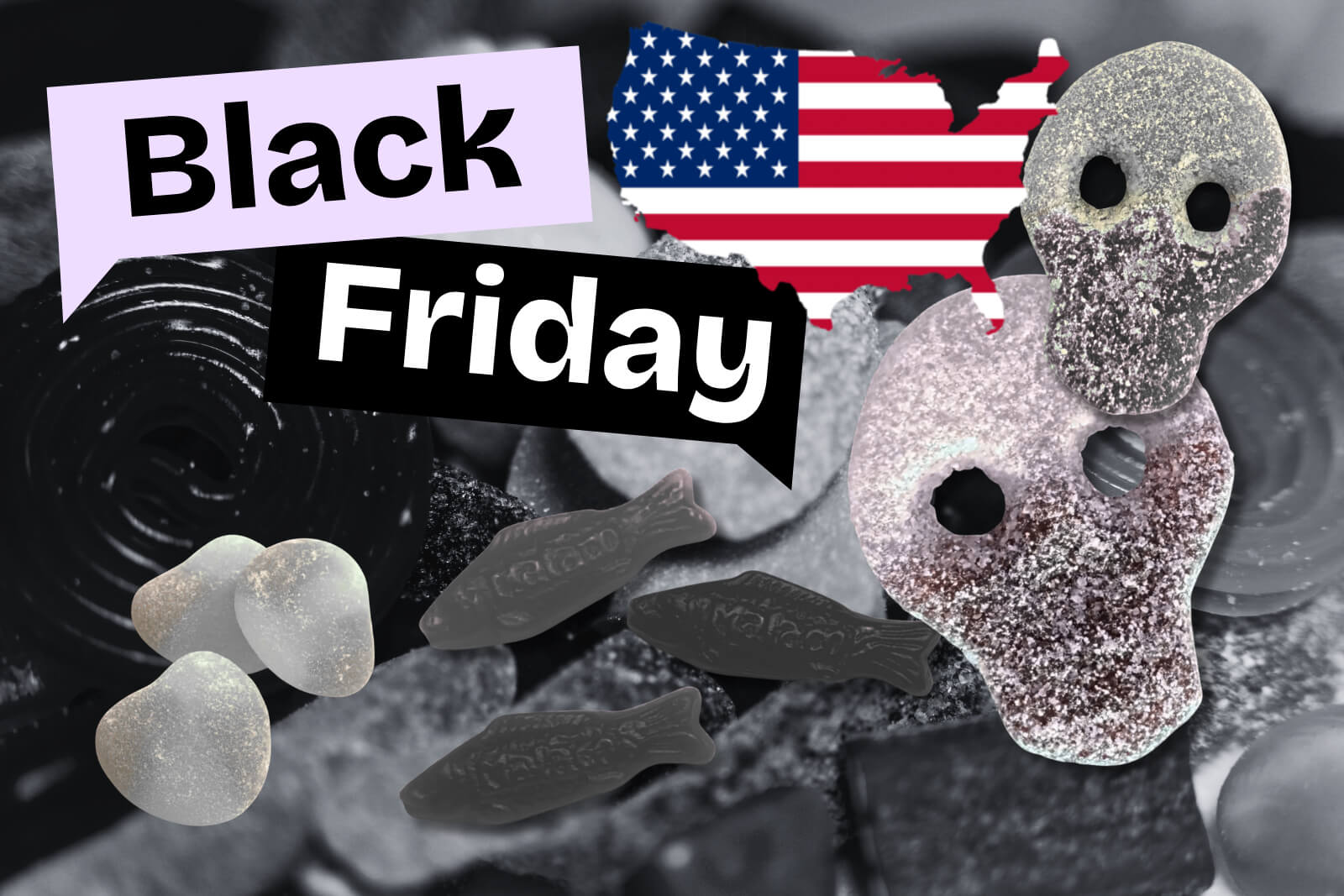 Swedish candy in black and white with the text "Black Friday" and a map of USA with the American flag.