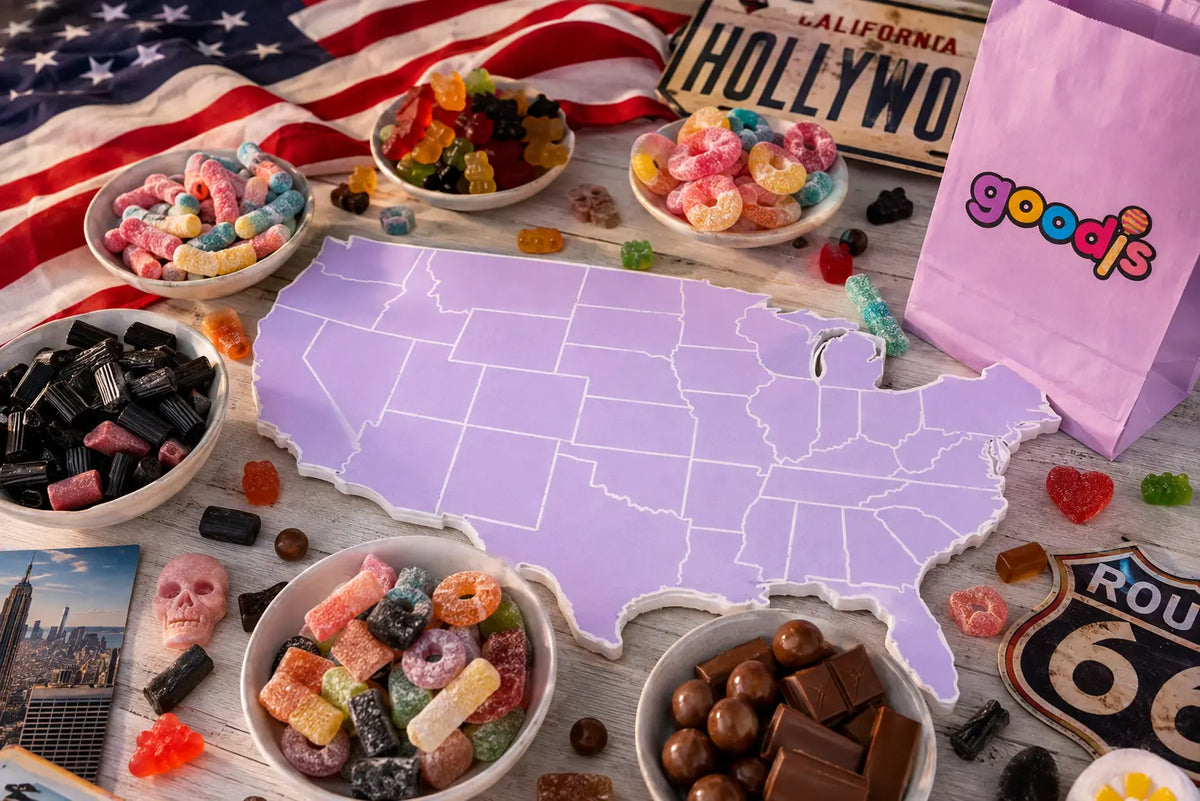 Map of America surrounded by Swedish candy.
